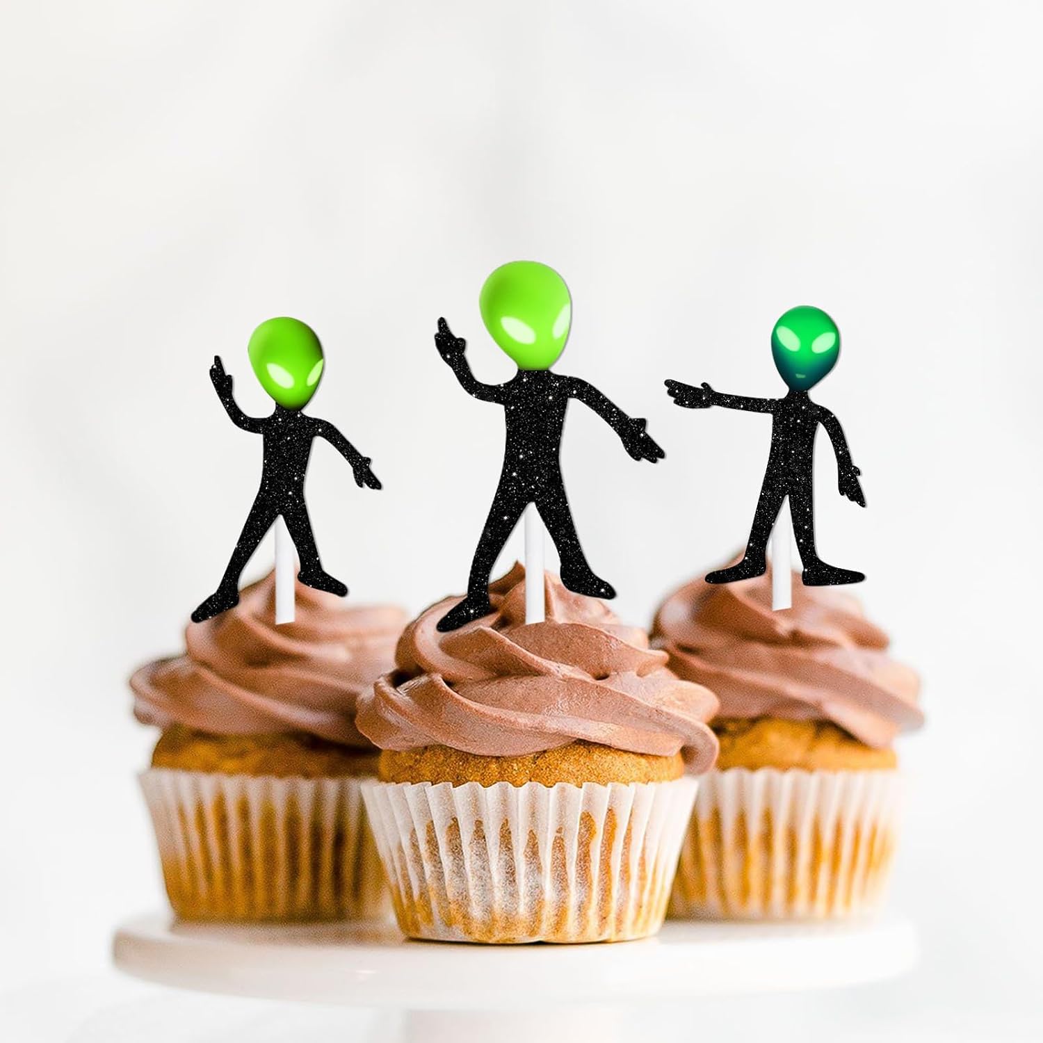 18pcs Black Glitter Glow Alien Dessert Cupcake Topper Space Invaders Theme Decor Supplies Baby Shower Boys Girls Happy Birthday Party Decorations