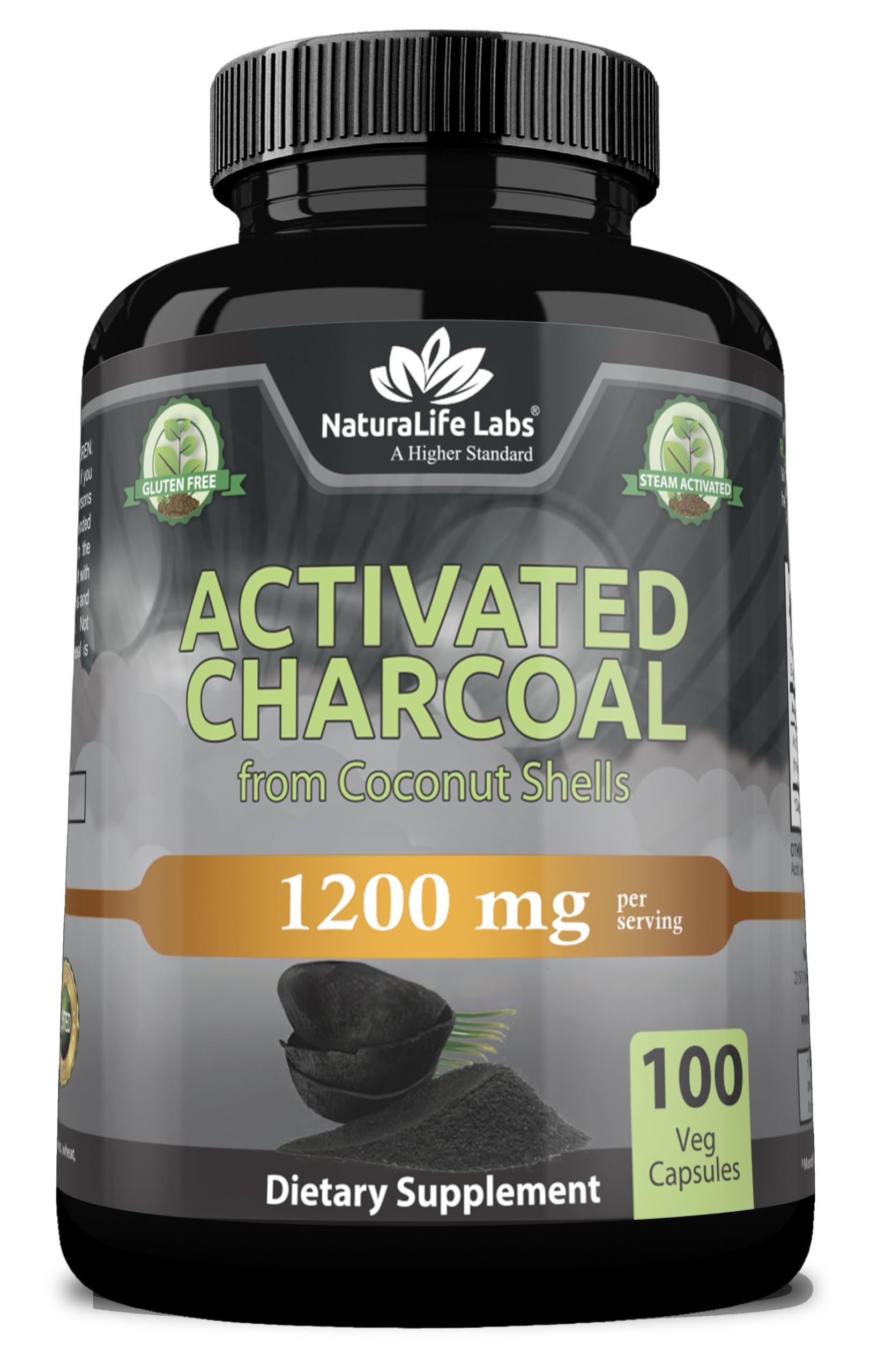 NaturaLife Labs Organic Activated Charcoal Capsules - 1,200mg,100 Vegan Capsules