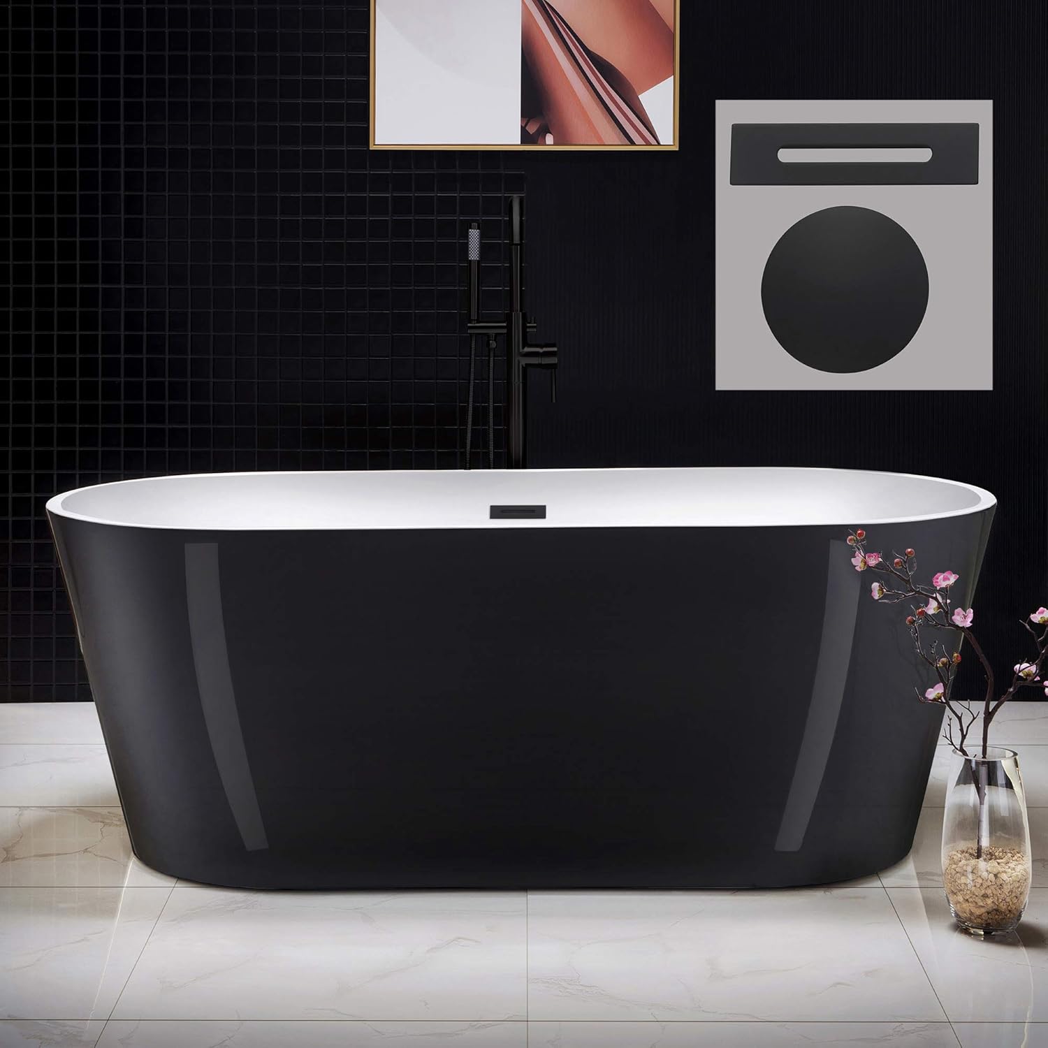 WOODBRIDGE 67" Freestanding Acylic Soaking Bathtub with White, Drain and Overflow in Matte, BTA1813-MB-Drain &O, Matte Black