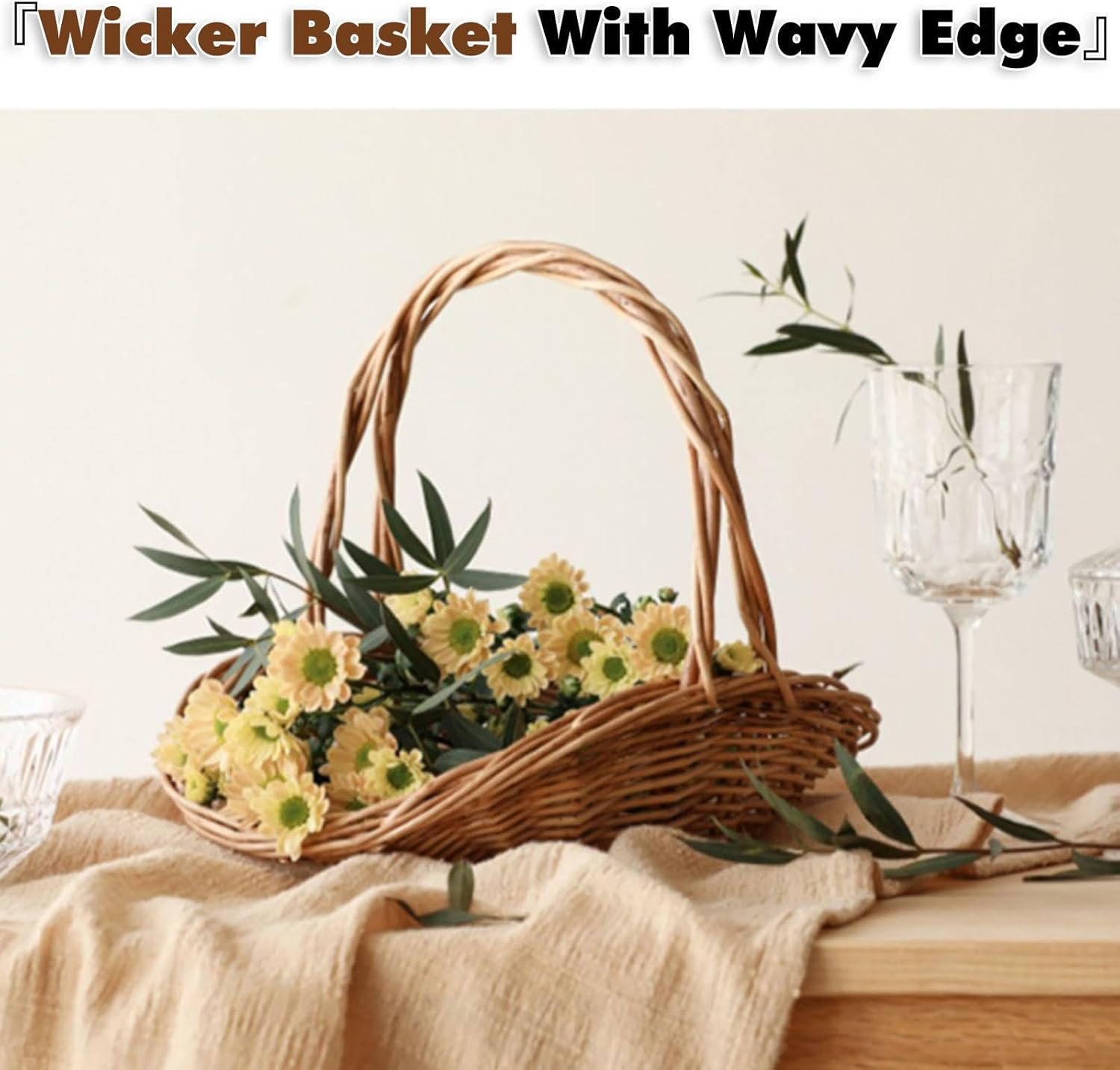 JCAKES Wicker Basket with Handle，Wicker Picnic Basket for 2，Smooth Lines, Candy Basket, Wedding Flower Girl Basket with Handle, Garden Storage Home Decoration (11.02 * 9.05 * 9.44In)