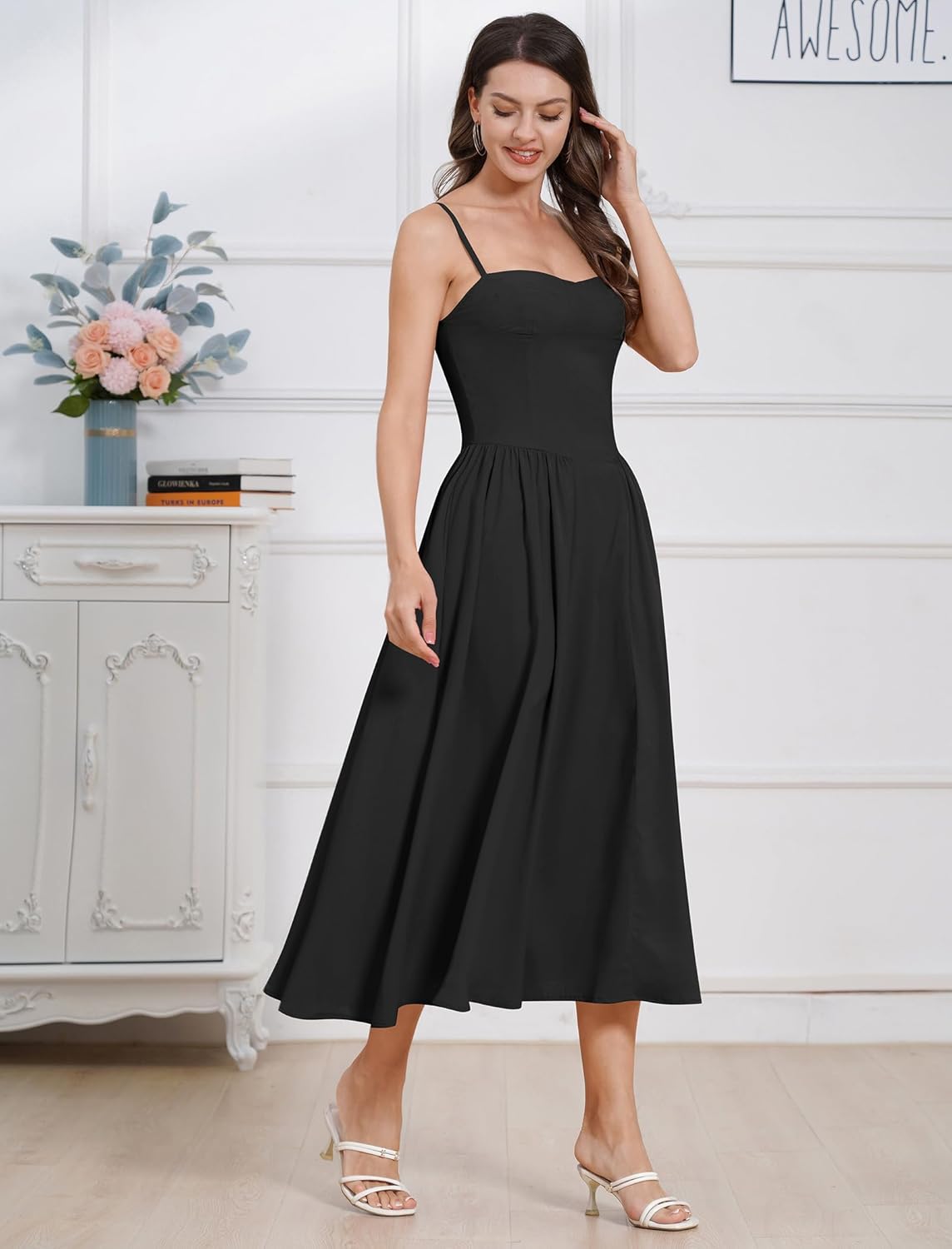 Women Floral Corset Dress Boho Spaghetti Strap Lace Up Casual Midi Dresses with Pockets Low Cut Flowy Bustier Sundress - Image 2