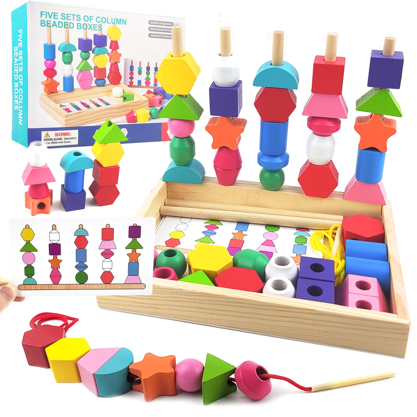 Juguetes Montessori de Madera 3 en 1 - Clasificación, Apilamiento y Enhebrado - Juego Educativo para Niños 2 3 4 Años con Tarjetas y Caja de Almacenamiento (A)