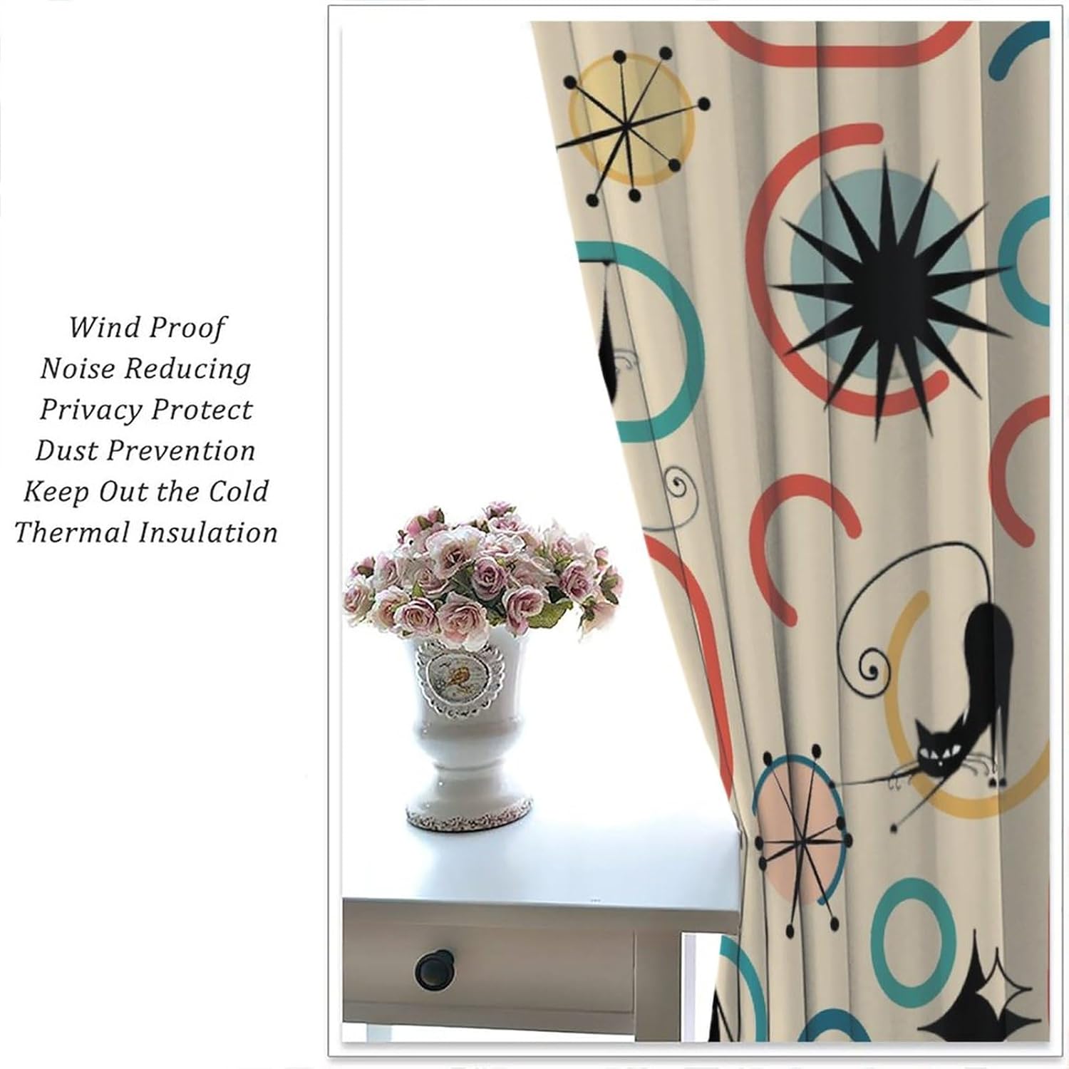 70s Vintage Curtains, Modern Abstract Geometric Lines Black Cat Boho Print Blackout Rod Pocket Window Treatments Drapes for Bedroom Living Room Kitchen Home Decor42x63in