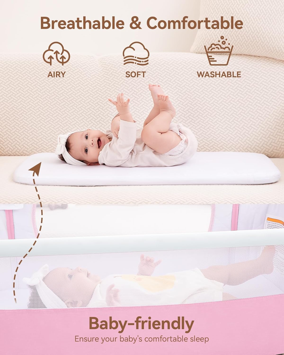 Larex Baby Bassinet Bedside Sleeper Crib Co Sleeper for Newborn Infant Toddler with Mosquito Net, Storage Bag & Basket, 5-Height Adjustable, Movable Wheels, Breathable Mattress & Mesh (Pink)