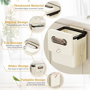 9L Hanging Food Waste Bin, Collapsible Rubbish Bin with Lid & Storage Recess, Under Sink Compost Bins for Kitchen Food Waste Caddy, Cupboard Door Bins for Bathroom, Toilet, Camping, Bedroom
