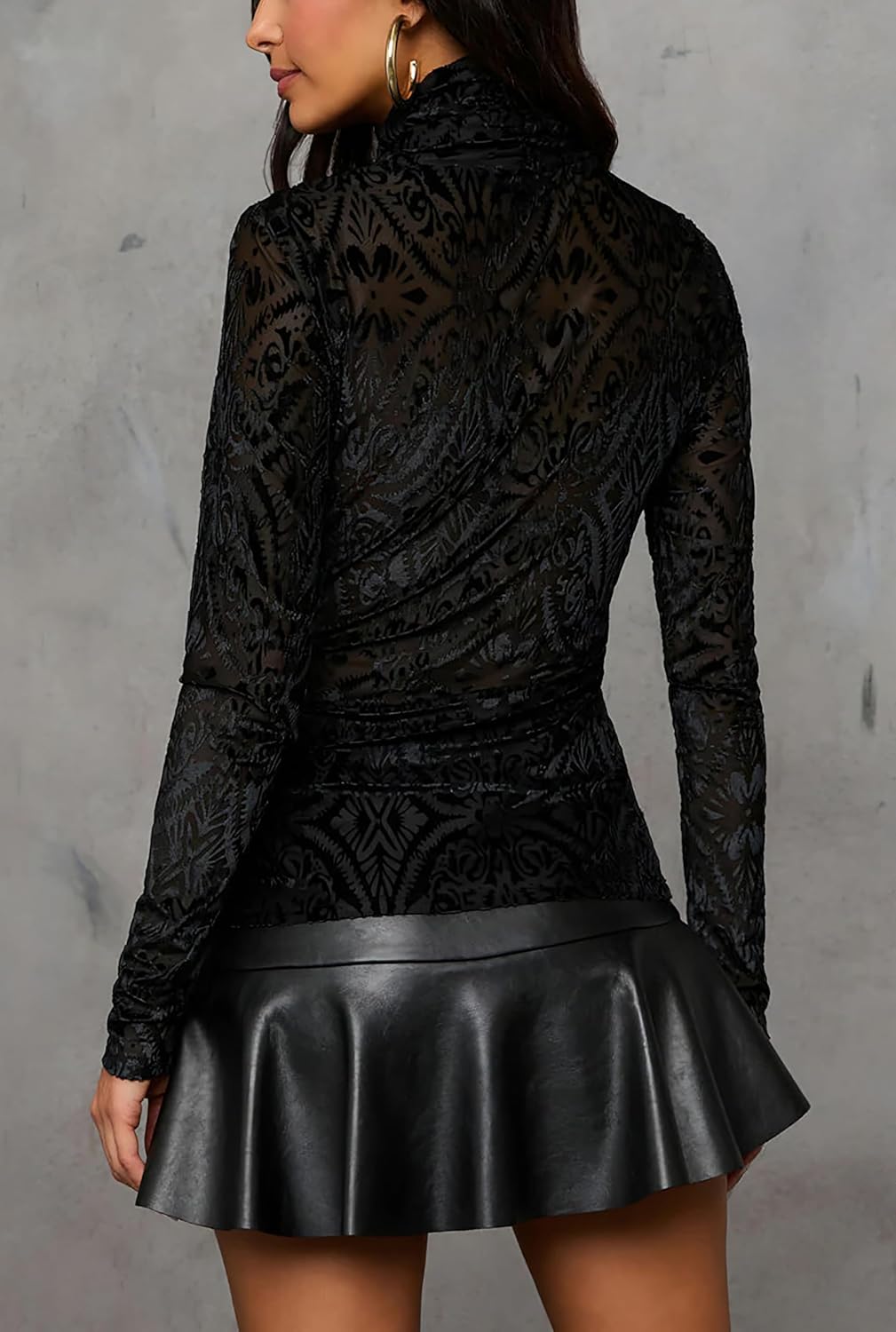 OMSJ Womens Velvet Burnout Tops Slim Fit Turtleneck Top Long Sleeve Semi See Through Elegant Shirts - Image 4