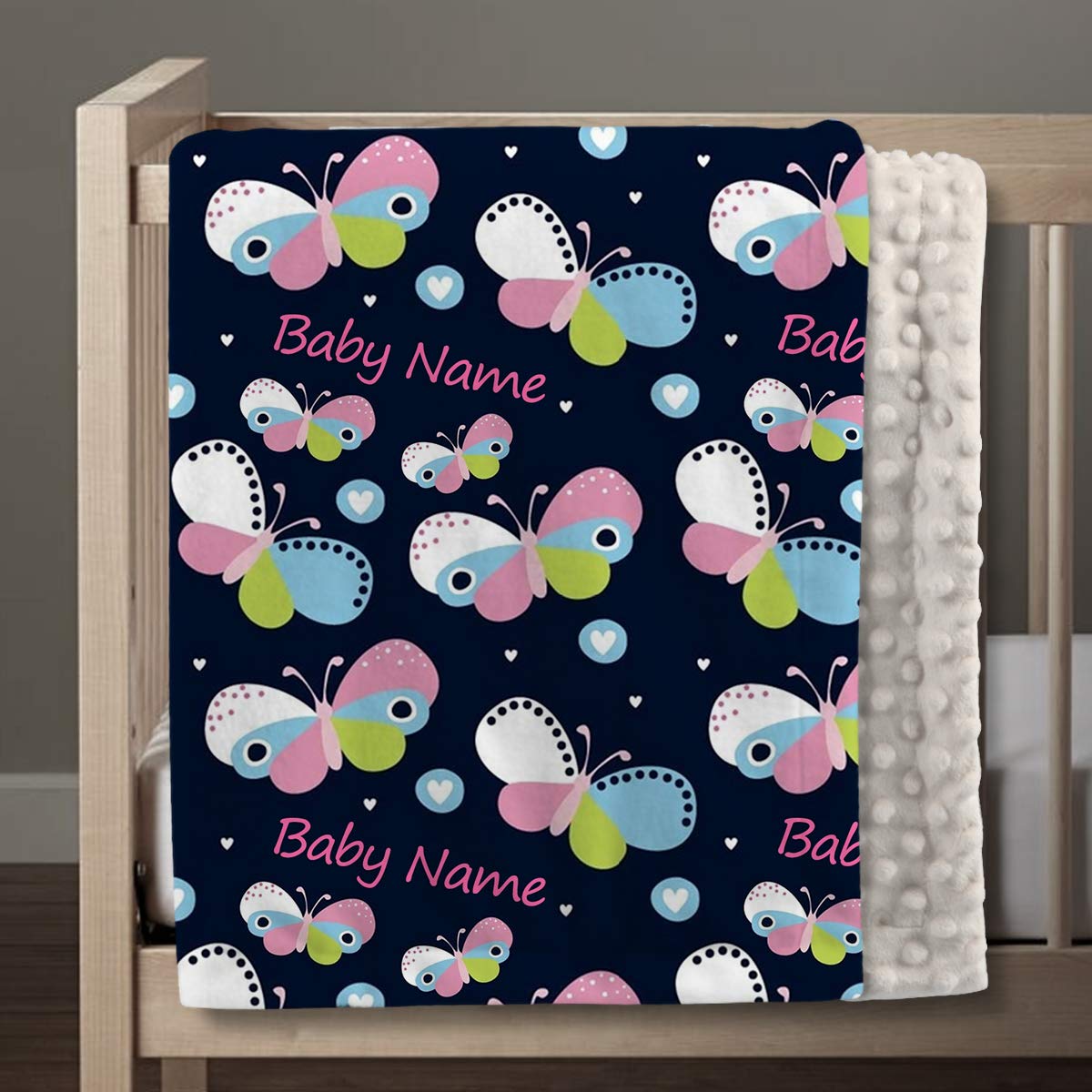 Personalized Baby Blanket with Name and Butterfly Printed for Girls, Stroller or Baby Crib or Toddler Bed Blanket Plush Minky Throw, 30" X 40"