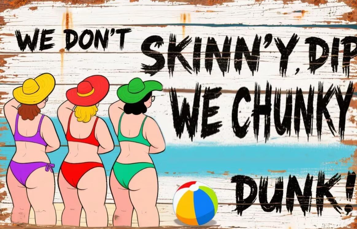 Anceky Vintage Beach Tin Sign - We Don't Skinn' y Dip We Chunky Dunk Quote Metal Plaque Poster Wall Decor for Patio,Bathroom & Summer Spaces 8x12 Inch