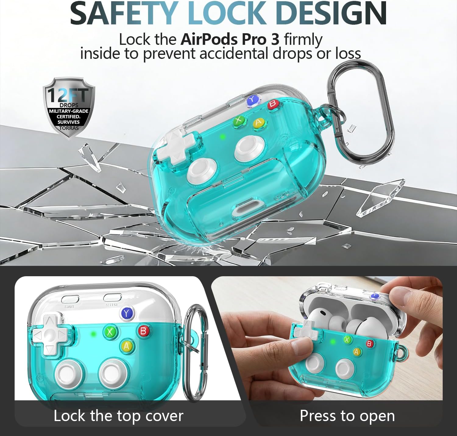AirPods Pro 3 Case with Safety Lock Game Controller Design, Clear Green