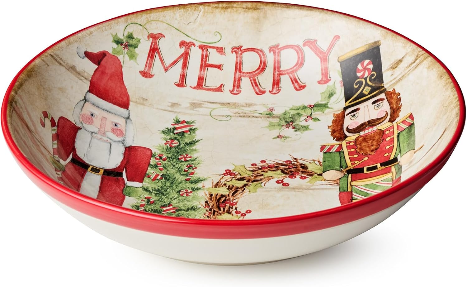 Certified International Nutcracker Parade Ceramic Holiday Serving Bowl with Santa, Nutcracker, and Toy Wreath Artwork - Christmas Table Centerpiece for Entertaining and Festive Family Meals