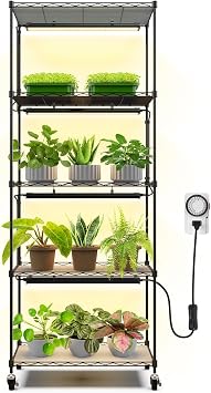 Barrina CX91 Plant Stand with Grow Light, 5-Tier, 100W, 23.6x13.8x59IN | 4PCS Full Spectrum 1.6FT Plant Light, Adjustable Metal Plant Shelf Display Rack, Timer, Wheel, for Indoor Balcony Living Room