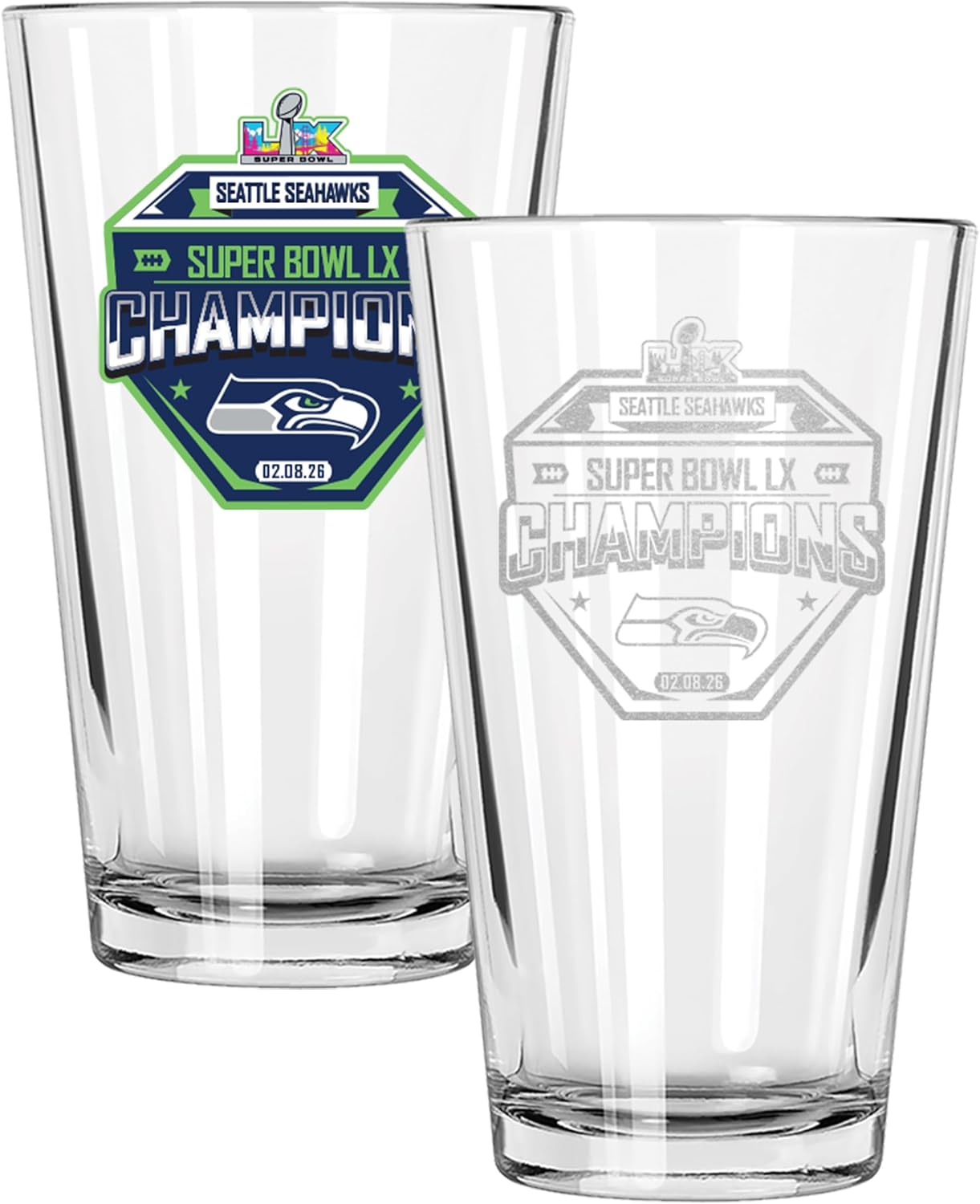 The Memory Company Officially Licensed NFL Seattle Seahawks 2026 Super Bowl LX Champions 2-Pack 16oz Pint Glass Set, Direct Print/Etched