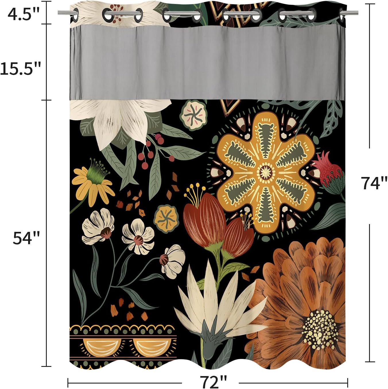 MitoVilla No Hooks Needed Boho Floral Shower Curtain Set with Snap-in Liner, Modern Abstract Heavy Duty Fabric Cloth Shower Curtain for Neutral Luxury Hotel Spa Bathroom Decor, 72 x 74