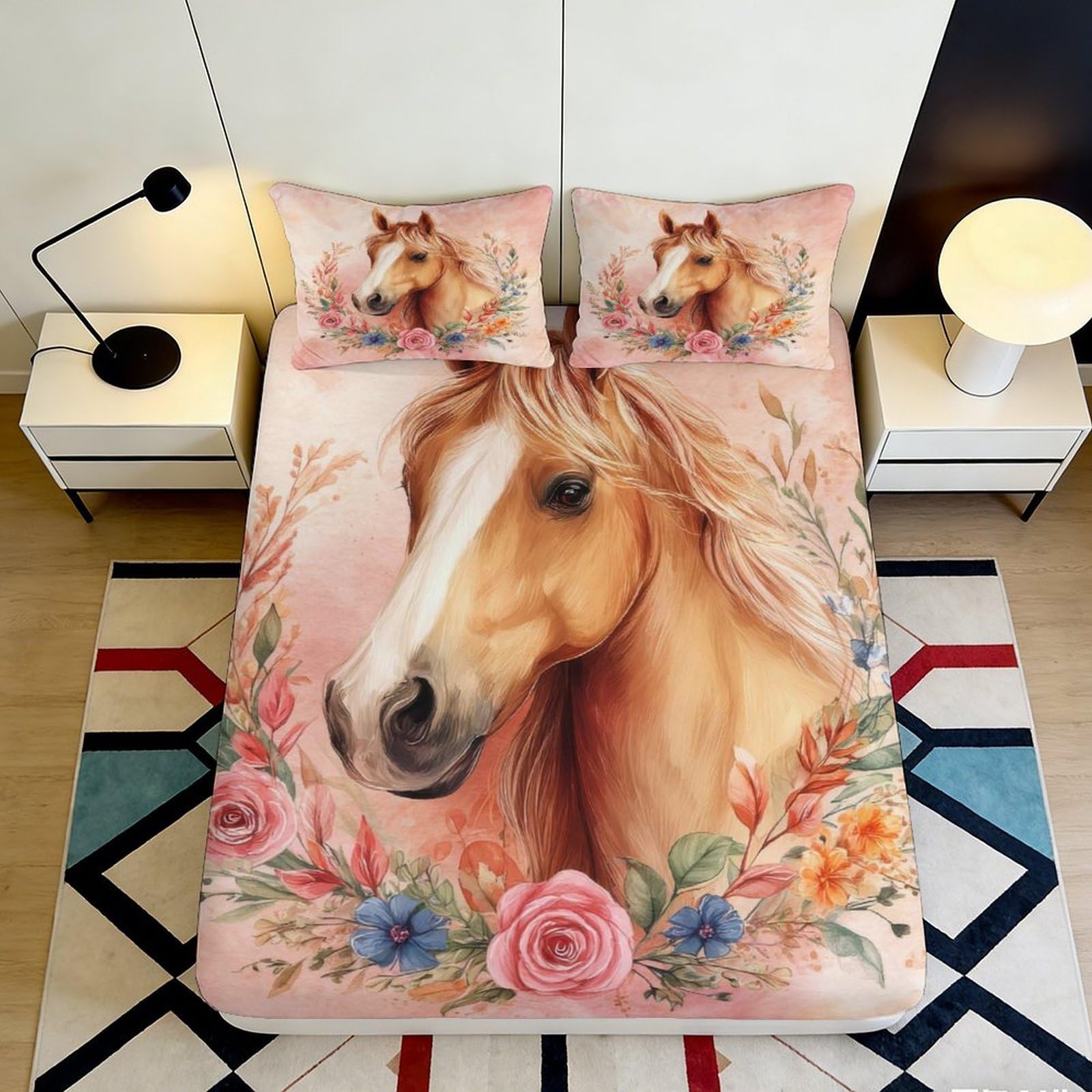 3D Printed Horse Pattern Fitted Sheet, Microfiber Soft Touch, Bed Cover for Bedroom, Guest Room Bedding, Wrinkle Resistant, Easy to Remove, Home Decor, 119 90x200x25cm