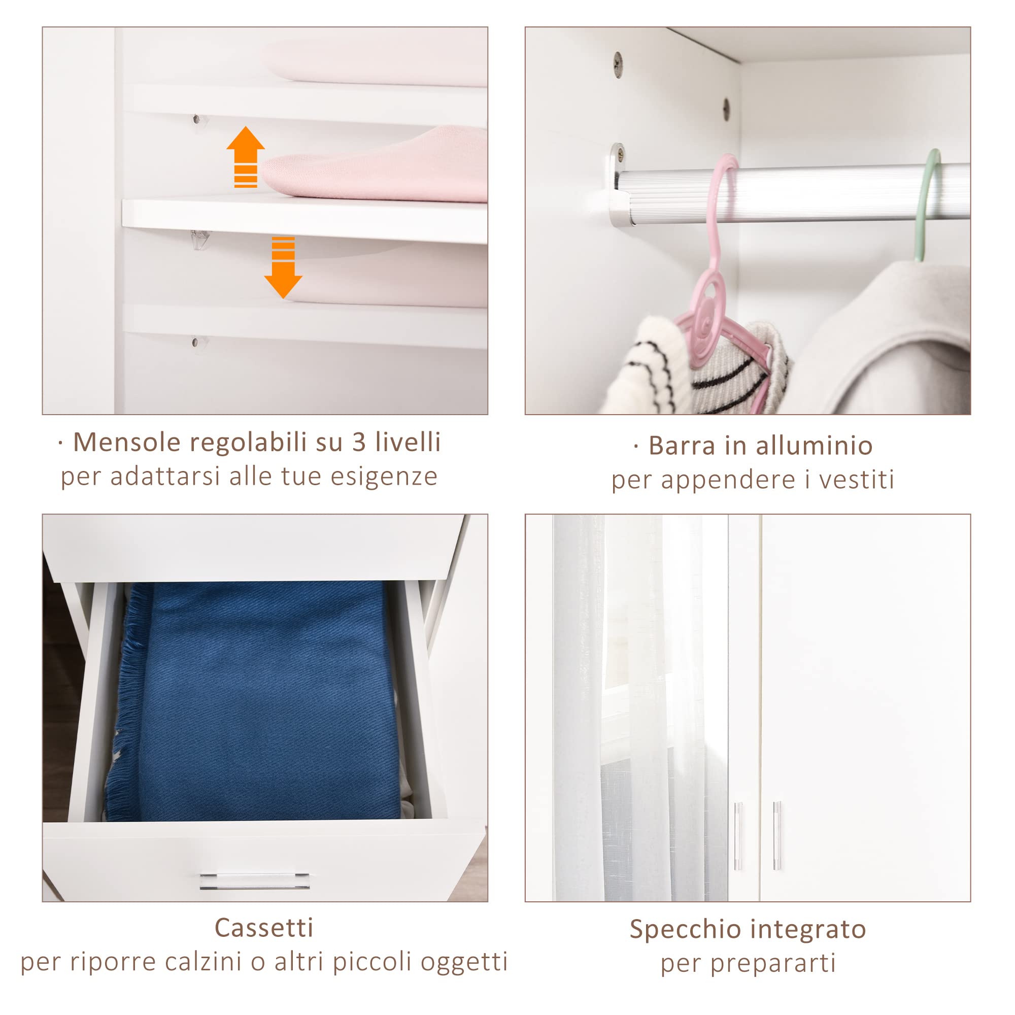 HOMCOM Armadio Moderno Guardaroba 2 Ante con Specchio 80x50x180cm Bianco | 3 Cassetti, Mensole Regolabili, Barra Appendiabiti
