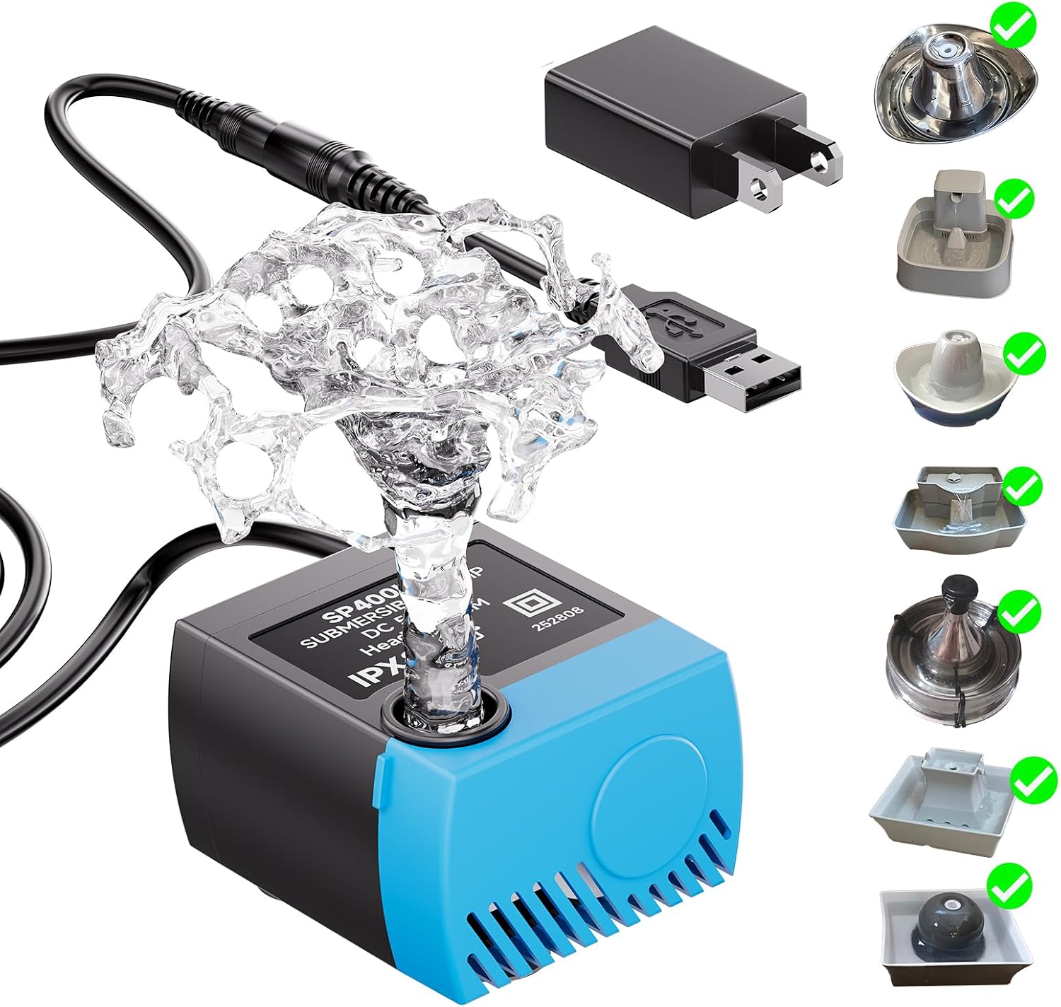 Cat Water Fountain Pump SP-400LV, USB Submersible Replacement Pump for Pet Water Fountain, Compatible with Ceramic, Butterfly,Stainless Steel,Seaside &360 Cat Dog Dispensers (with Adapter)