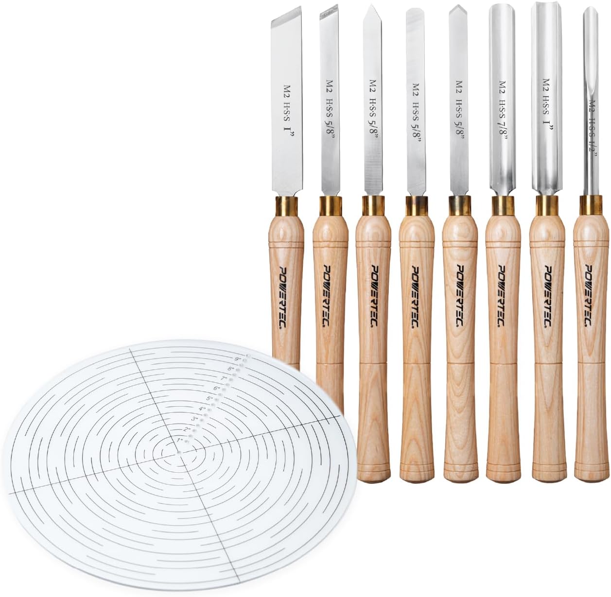 POWERTEC 8 Pcs Wood Lathe Chisel Set with 10" Center Finder Compass, HSS Steel Blades Wood Lathe Tools for Woodworking | Lathe Tools for making Vase, and Wood Art (71998)