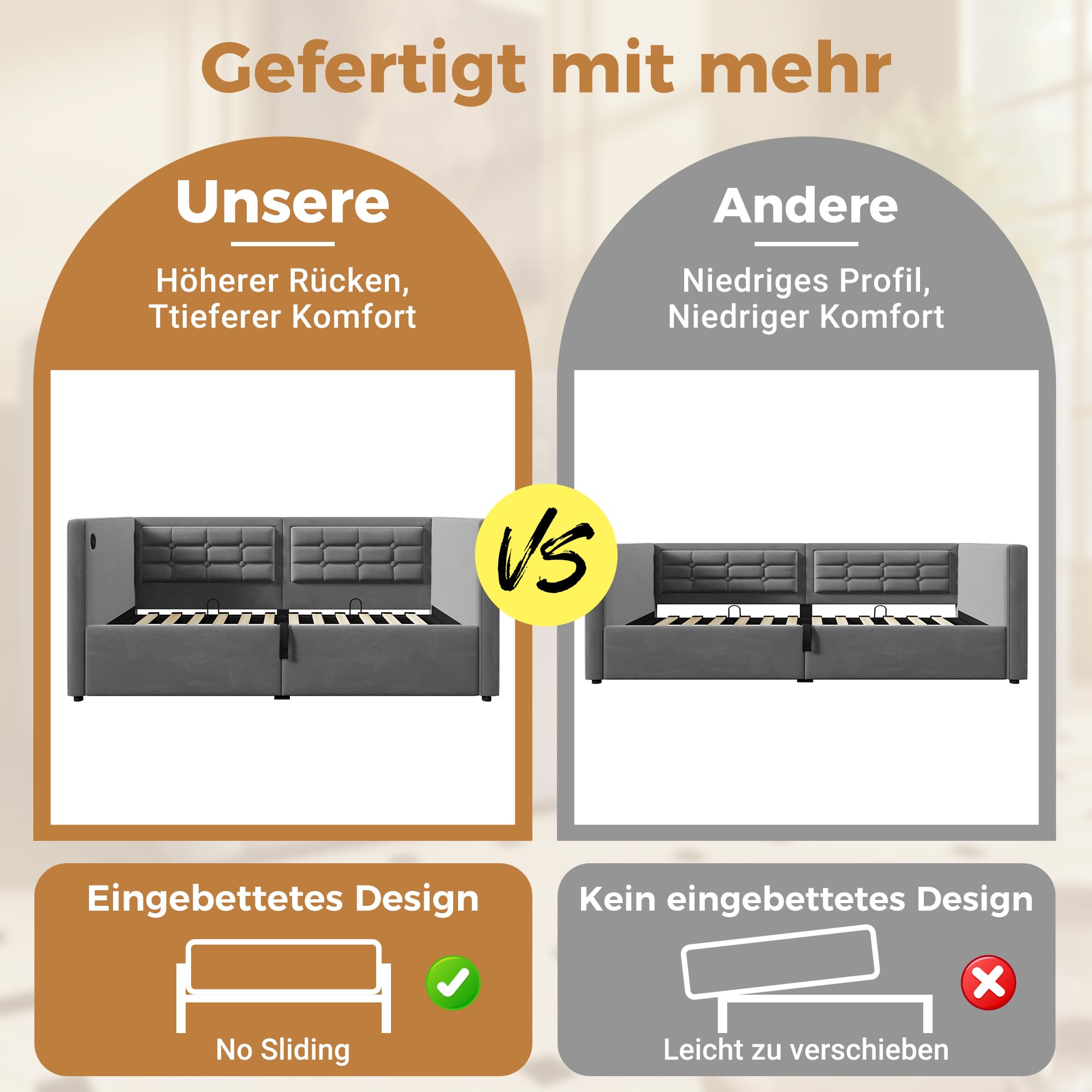 Schlafsofa Tagesbett 90x200 cm mit Aufbewahrungstasche und USB-Typ-C, Hydraulisches Bett mit Stauraum, Einzelbett Sofabett Bettgestell mit Lattenrost, Samt, Grau, Ohne Matratze