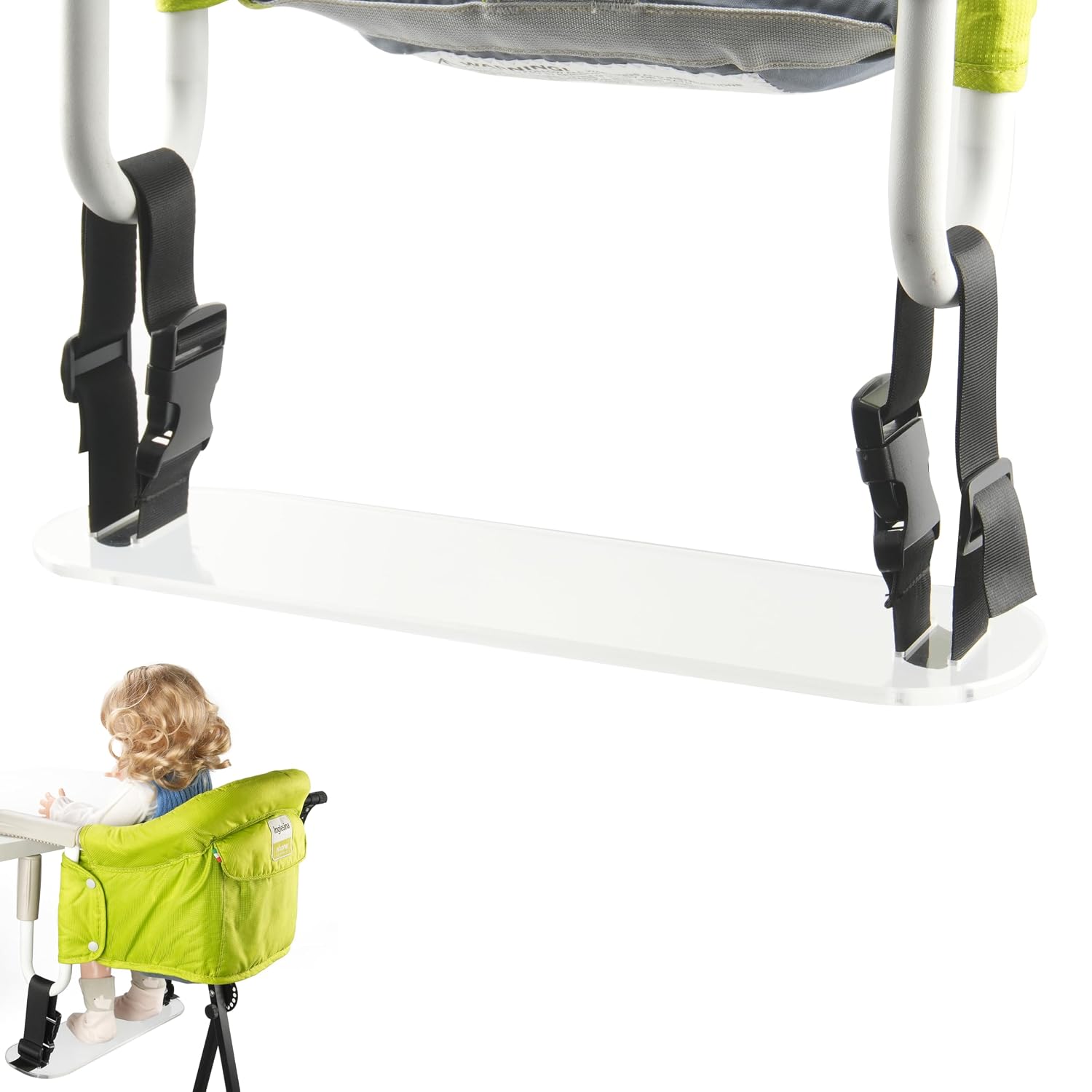 High chair footrest hook-on pick: acrylic adjustable baby footrest compatible with Inglesina Fast Table Chair clip-on hook-on high chair sturdy clear acrylic mounting