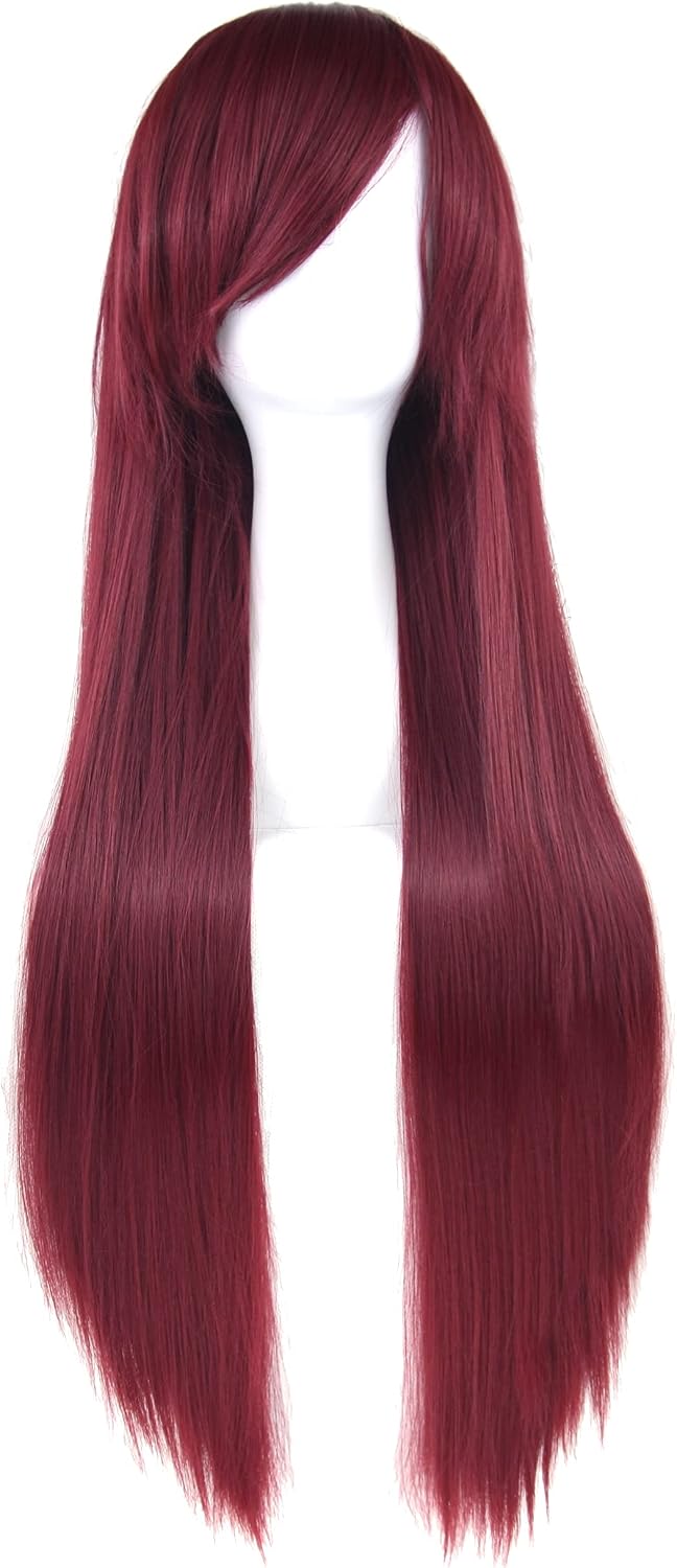 IMISSU 80cm Long Straight Natural Hair Cosplay Wigs with Bangs Colorful Halloween Costume Party Wig for Girl (Burgundy) - Image 3