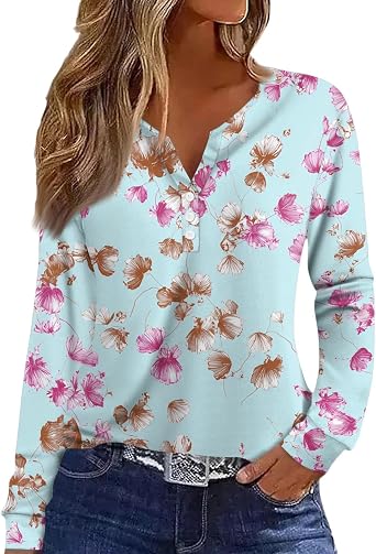 Womens Fall Tops Long Sleeve Fall Tunic Tops 2025 Button V Neck Henley Printed Winter Basic Tees Pullover Blouses
