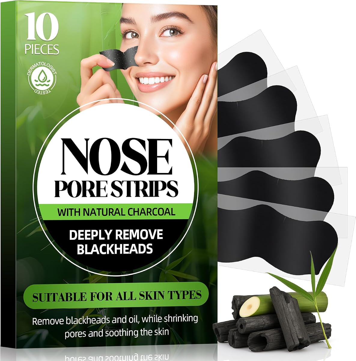 Natural Charcoal Pore Strips, Blackhead Remover Strip, for Oily Skin, Strawberry Nose, Deep Clean & Shrinking Pores & Smoothing Skin (10 pcs)