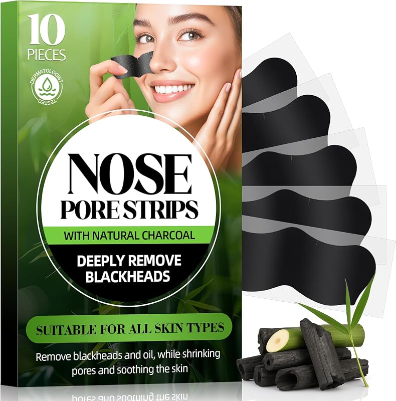 Natural Charcoal Pore Strips, Blackhead Remover Strip, for Oily Skin, Strawberry Nose, Deep Clean & Shrinking Pores & Smoothing Skin (10 pcs)