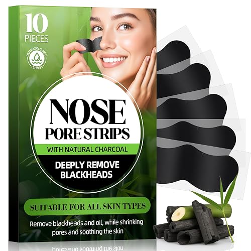 Shaeva Natural Charcoal Pore Strips, Blackhead Remover Strip, for Oily Skin, Strawberry Nose, Deep Clean & Shrinking Pores & Smoothing Skin (10 pcs)