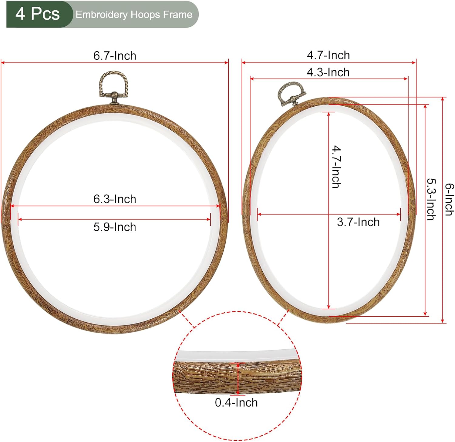 YOKIVE 4 Pcs Round Embroidery Hoops Set, Imitated Wood Circle Cross Stitch Hoop Hold Embroidery Cloth for Sewing DIY Art Craft Decor (3 Shapes)