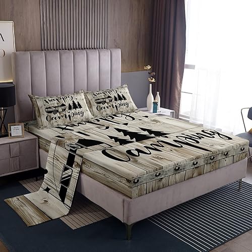 Juego de sábanas para cámper tamaño matrimonial para niños y niñas, sábanas de madera para adolescentes de Happy Camping Farm, accesorios de