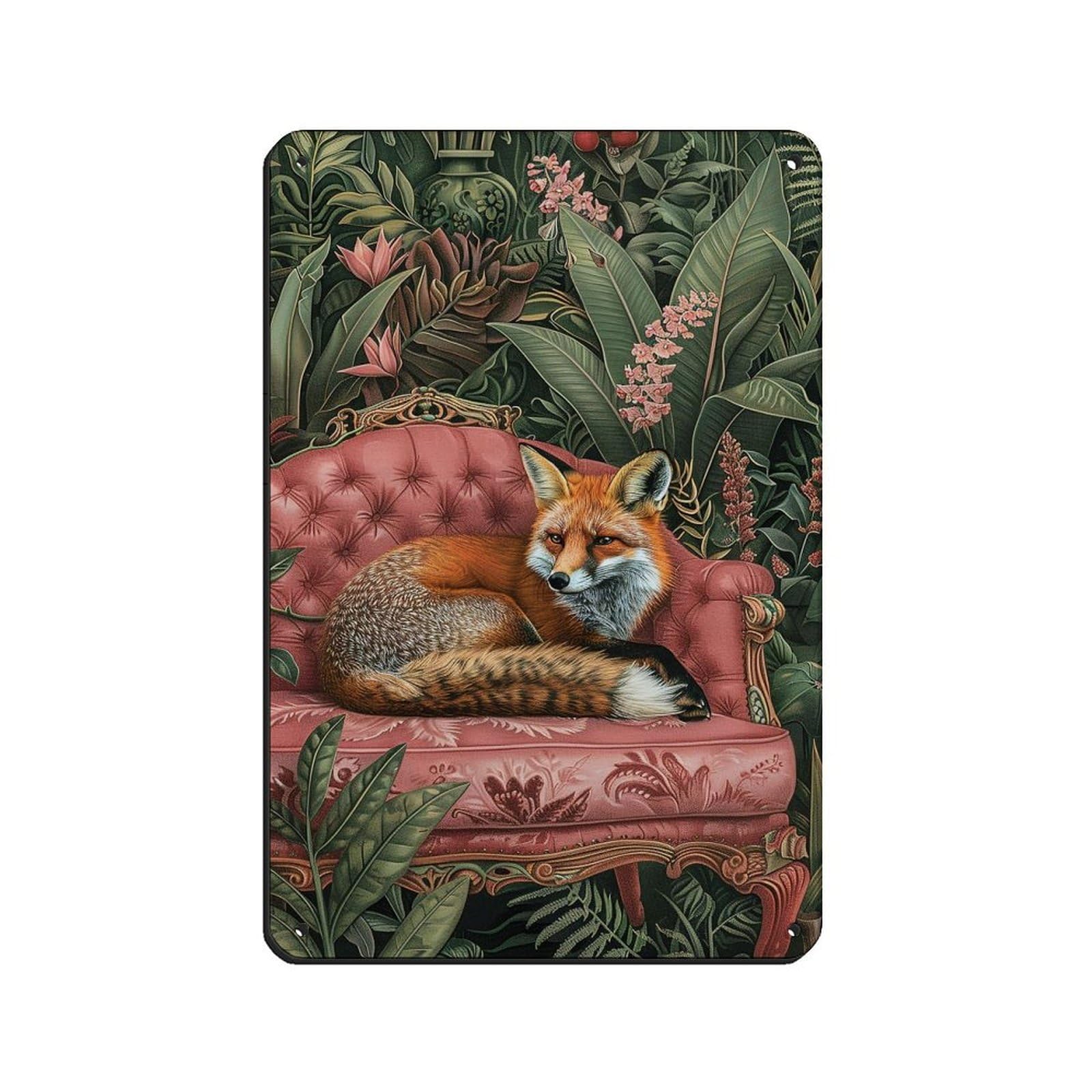 Tropical Fox on Sofa Poster Retro Poster Metal Tin Sign Chic Art Retro Iron Painting Bar People Cave Cafe Family Garage Poster Wall Decoration 8x12inch(20x30cm)