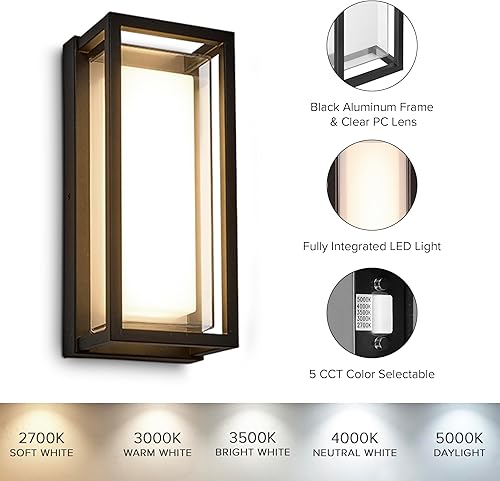 Miniatura 5 de Maxxima Farol LED de pared para porche, color negro con lente transparente, 1800 lúmenes, 5 CCT 2700K/3000K/3500K/4000K/5000K, linterna moderna para