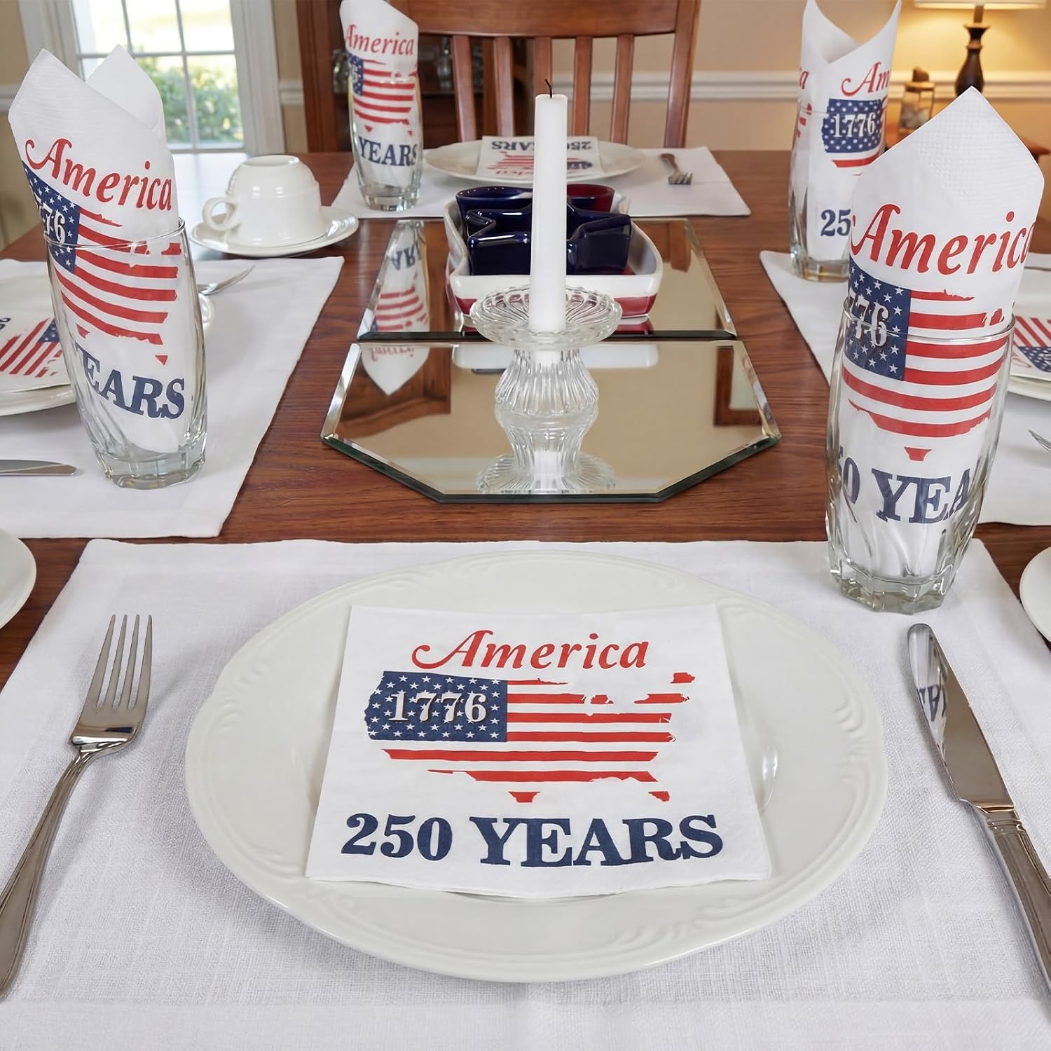 Epakh 200 Pcs American Flag Napkins for 250 Years Anniversary 4th of July Patriotic Red White Blue Disposable Paper Cocktail Napkin for Memorial Day Independence Day Party(Style 2)