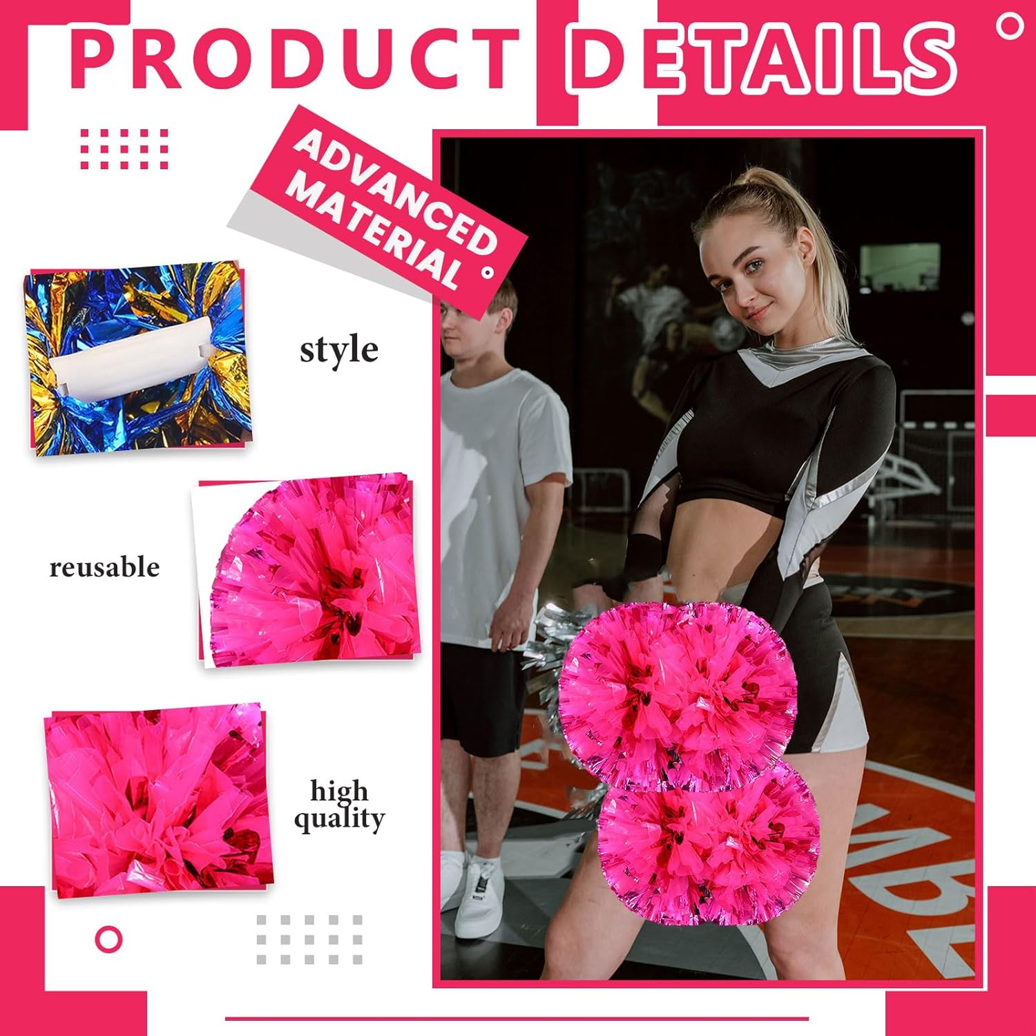 8 PCS Metallic Cheerleading Pom Pom for Team Spirit Sports Dance Cheering Kids Adults-Handle Style (Mixed Rose Red)