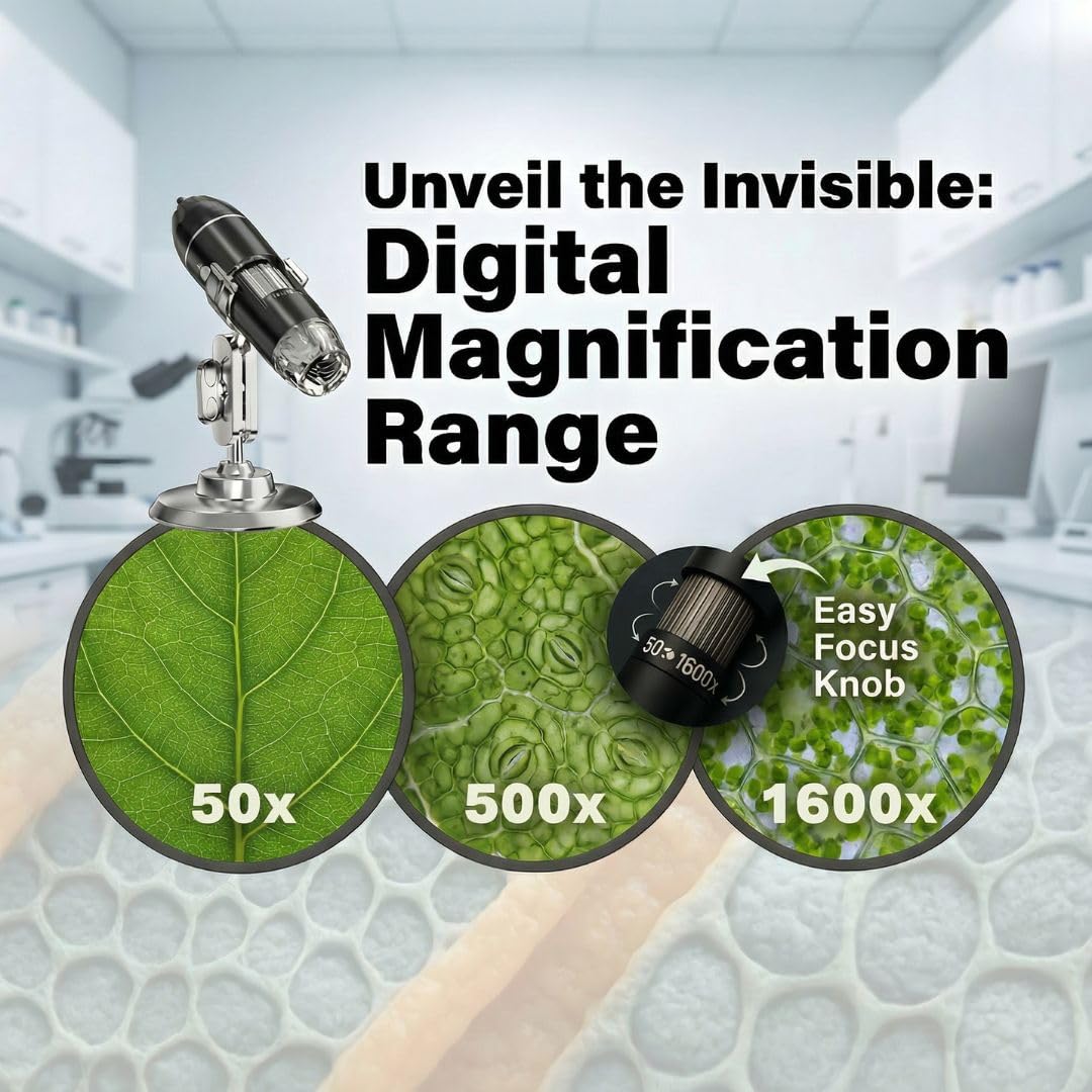 Microscopio digitale 1600X. Microscopio elettronico USB 3 in 1. Lente d'ingrandimento digitale portatile compatibile con PC, Android e tablet. Ideale per l'osservazione biologica, l'ispezione