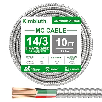 14/3 Metal Clad MC Cable with Ground 10ft, 14 Gauge Electric Wire with Aluminum Armor, Solid Bare Copper Conductors for Indoor Outdoor Underground Embedded Installation 14/3, 10 FT