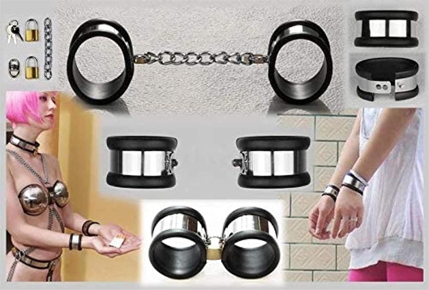 4 Teile/Satz Edelstahl Silikon Handschellen Fußfesseln Halsband Kragen BDSM Keuschheit Gürtel Restraint System Kit Abschließbare Fesseln/Extrem/Fetish/Torture Sexspielzeug für Frauen und Männer ( Colo