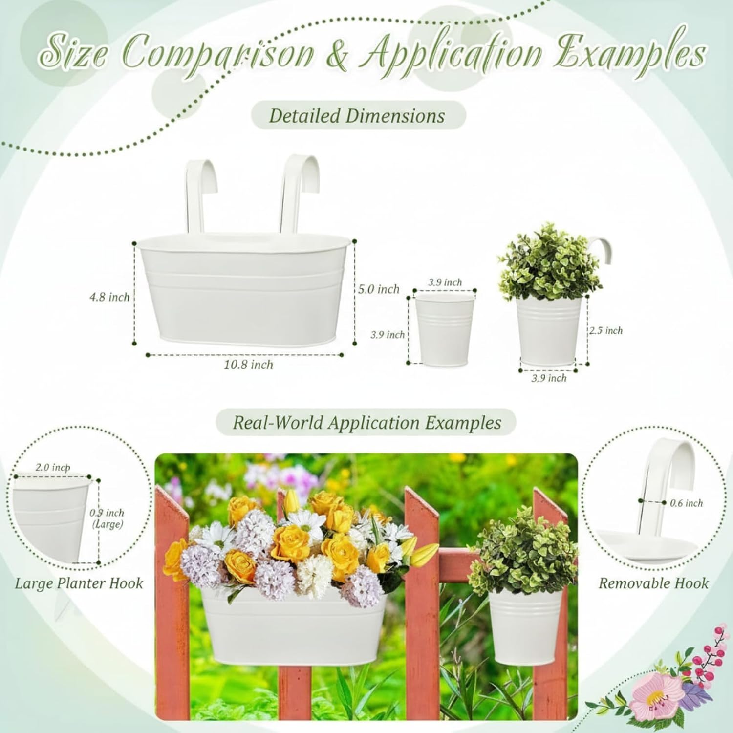 Tessco 4 Pcs 5.3"x10.8" Metal Iron Hanging Flower Pots and 4 Pcs 3.9" Balcony Bucket Planter for Railing Fence White Window Plant Holder Indoor Outdoor Garden Home Decoration with Detachable Hooks image 3