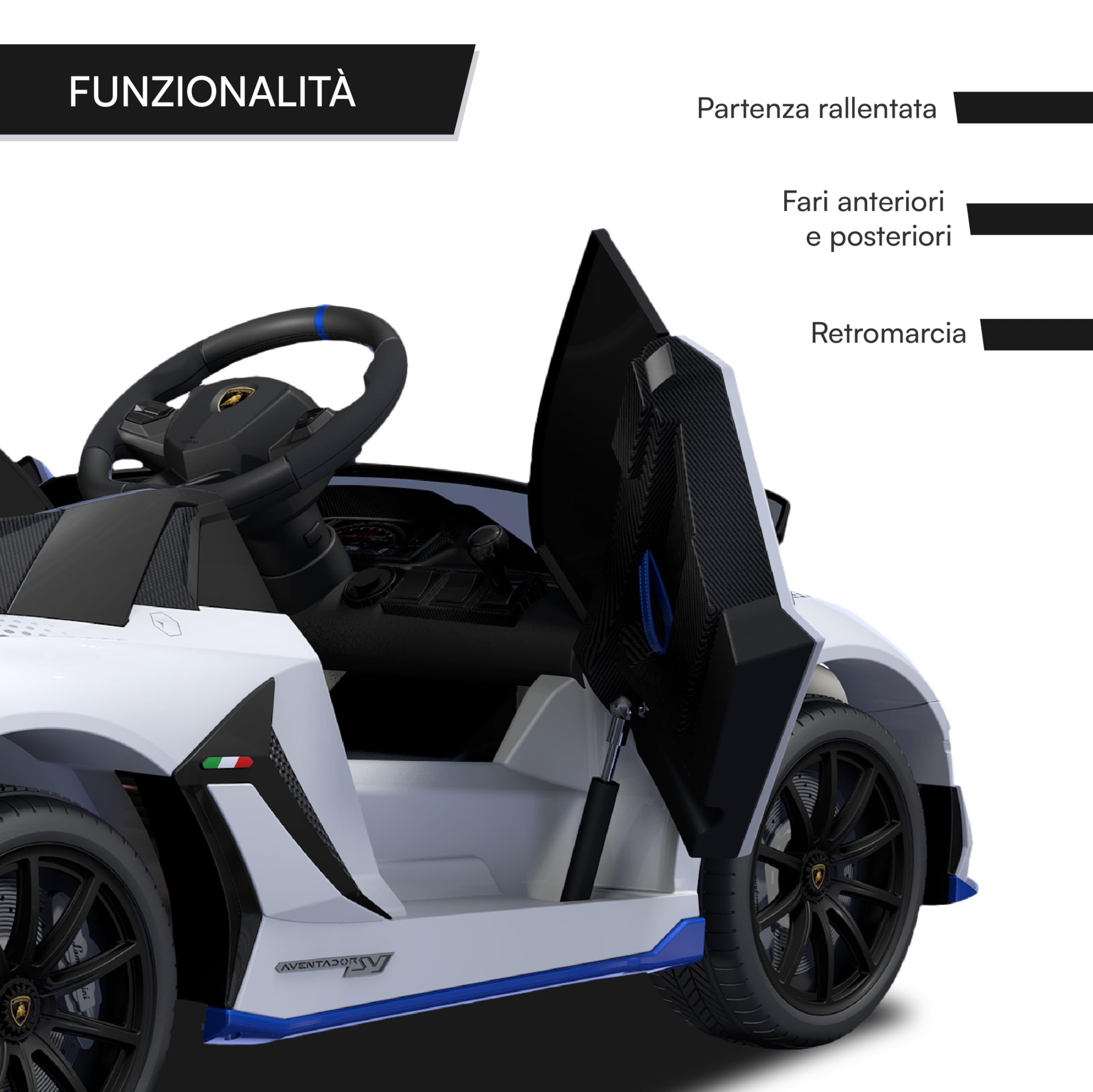 Baroni Toys Lamborghini Baby Car Elettrica 6V con Telecomando Genitori, Suoni, MP3, Retromarcia, Auto per Bambini 1-4 Anni, 100x60x50 cm Bianca