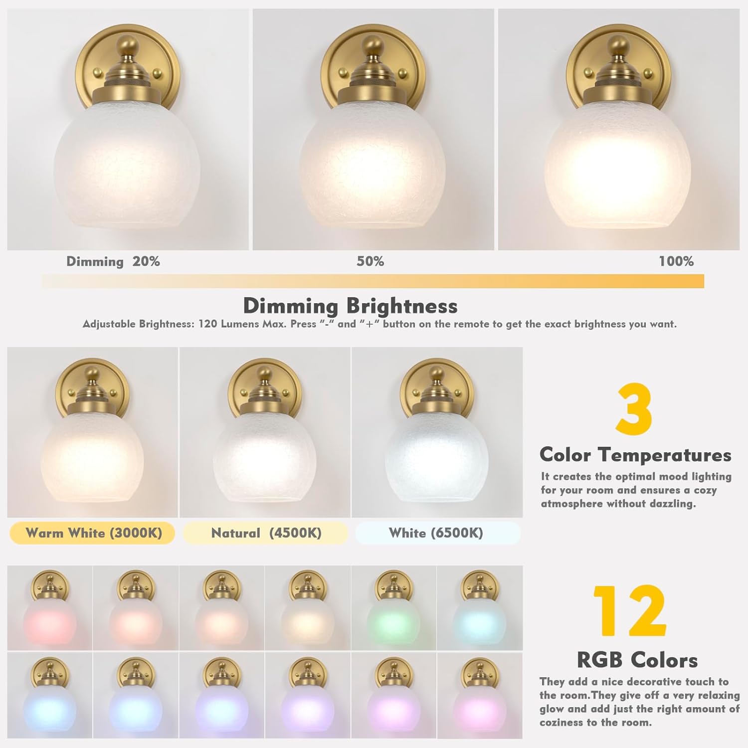 HEQIQEH Rechargeable Battery Operated Wall Sconce with Globe Ice Crackle Frosted Glass Shade Remote Control LED Wall Lamp with Timer, Cordless No hardwire Installation for Indoor Bedroom, Hallway