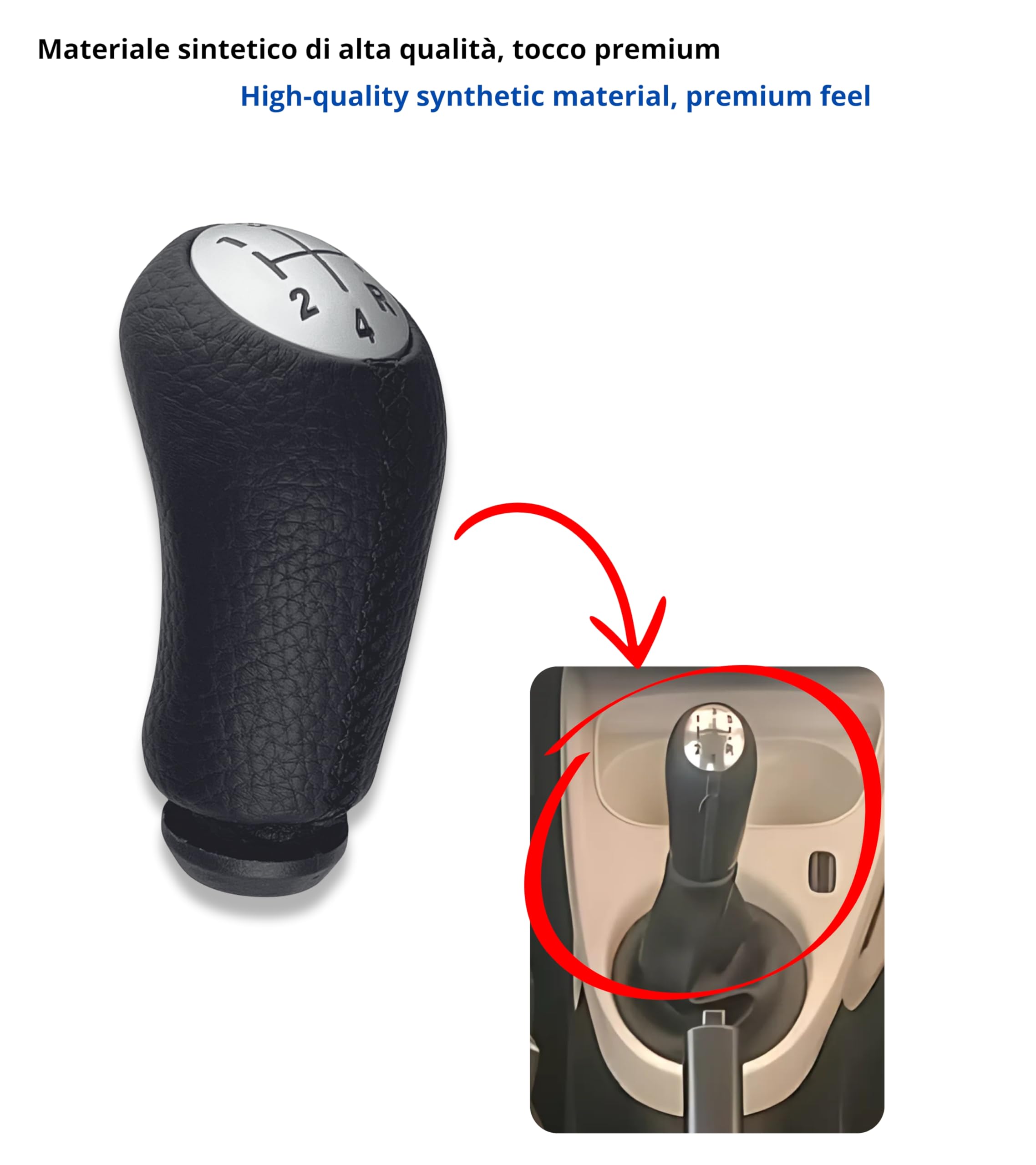 1neiSmartech Pomello Leva Cambio 5 Marce Compatibile con Smart Fortwo III 453 2014–2022 e Forfour W453 2014–2024, Cuciture Nere, con Retromarcia in Basso a Destra