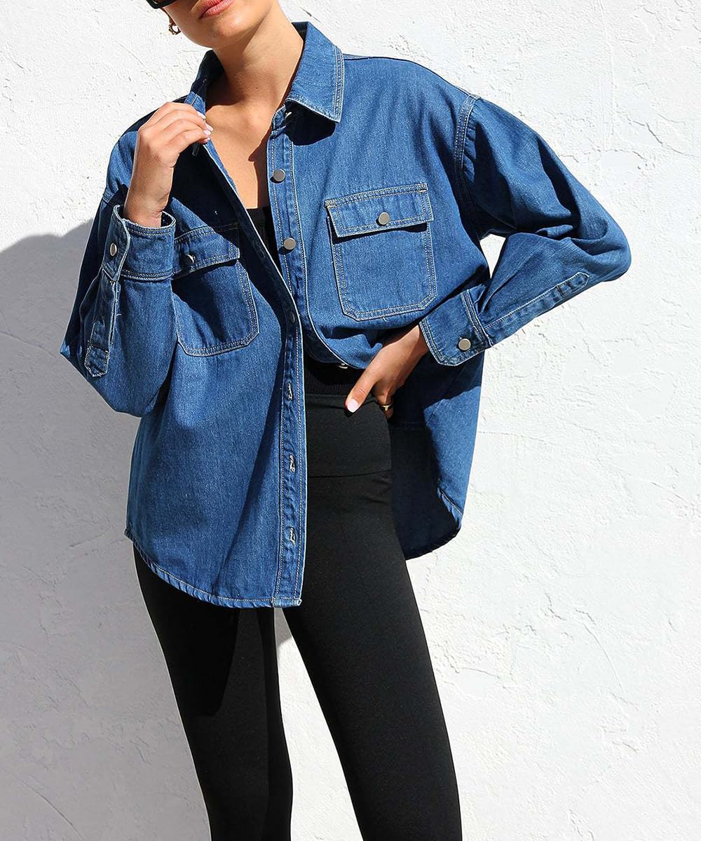 Las Mujeres botón Abajo Camisas de Mezclilla Azul Chambray Camisa Casual Cuello Blusa Manga Larga V Cuello Tops con Bolsillos