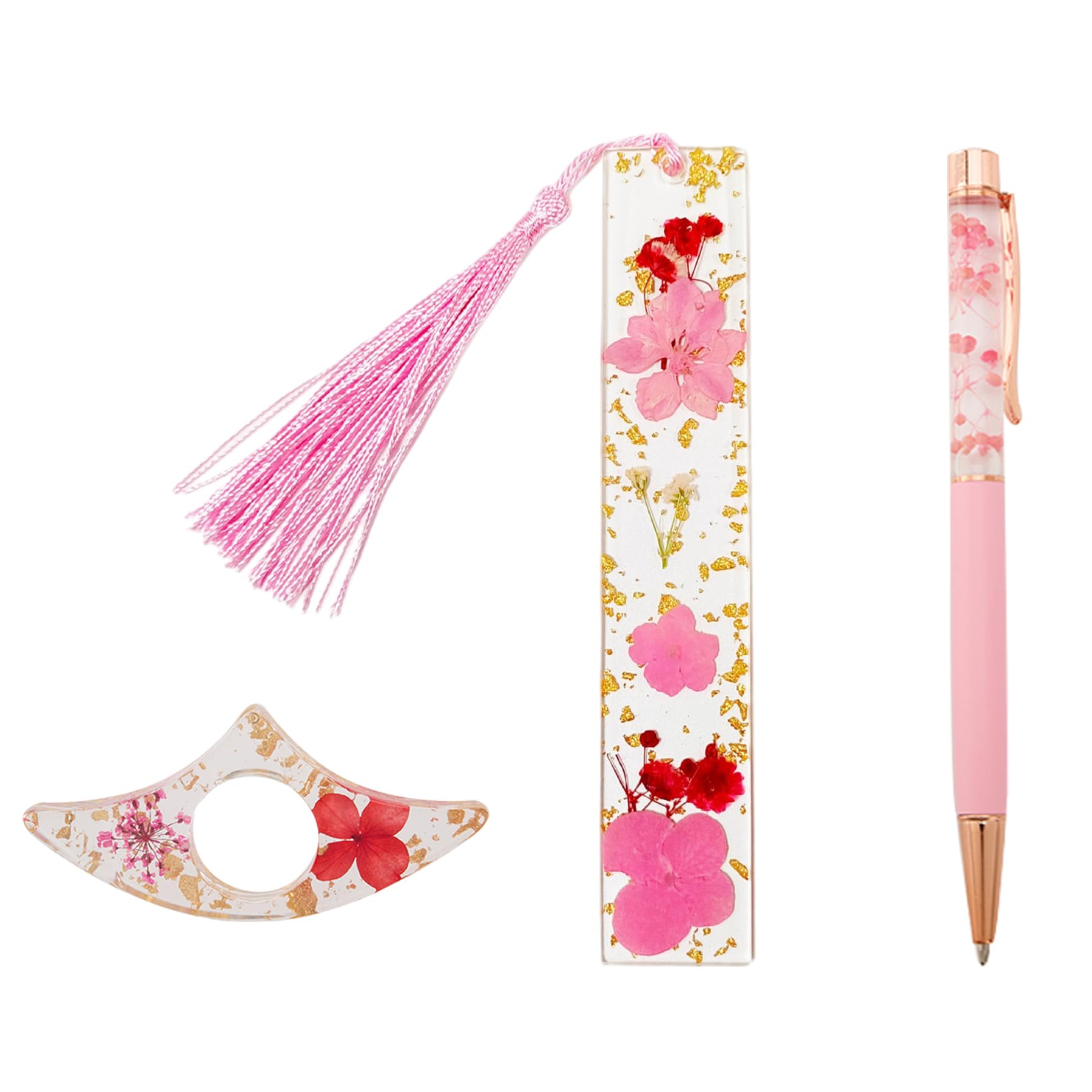 Resin Dried Flower Bookmark Gift Set with Pink Floral Art Ballpoint Pens, Book Page Holder, Reading Accessories for Women Girls Teacher Student Teachers Bookworm Friends School Starts Graduation Gift