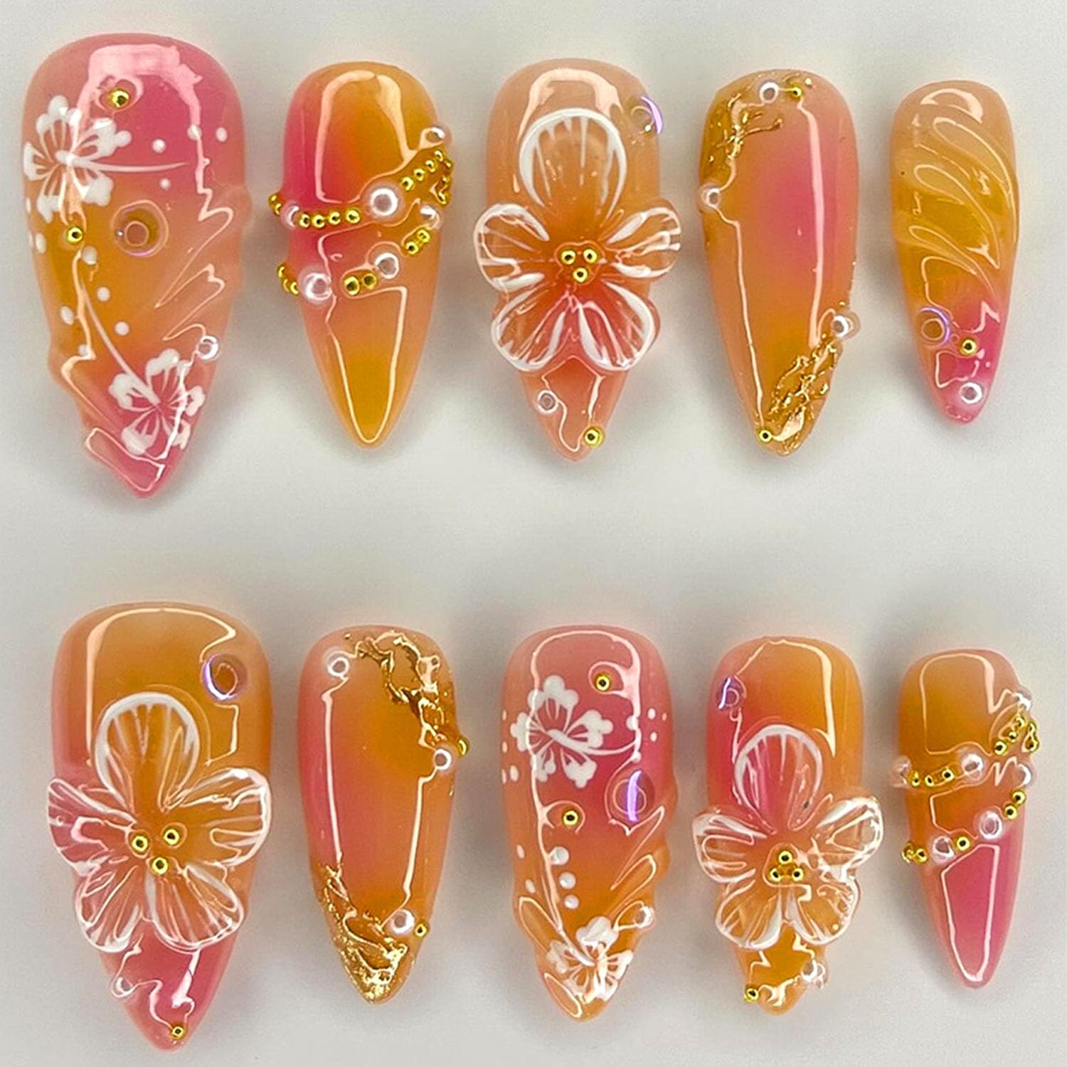 Almond Press on Nails Medium Glue on Nails Gold French Fake Nails 3D Pearl