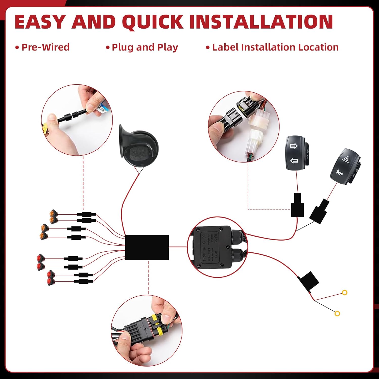 UTV Turn Signal Kit with 110D Horn, Left/Right Rocker Switch, Led Turn Signal x8, Horn Switch x1, Harness Set x1, Relay x1, Nylon Cable Ties Set x1 Compatible with Polaris, Can-Am, Kawasaki, CFMOTO