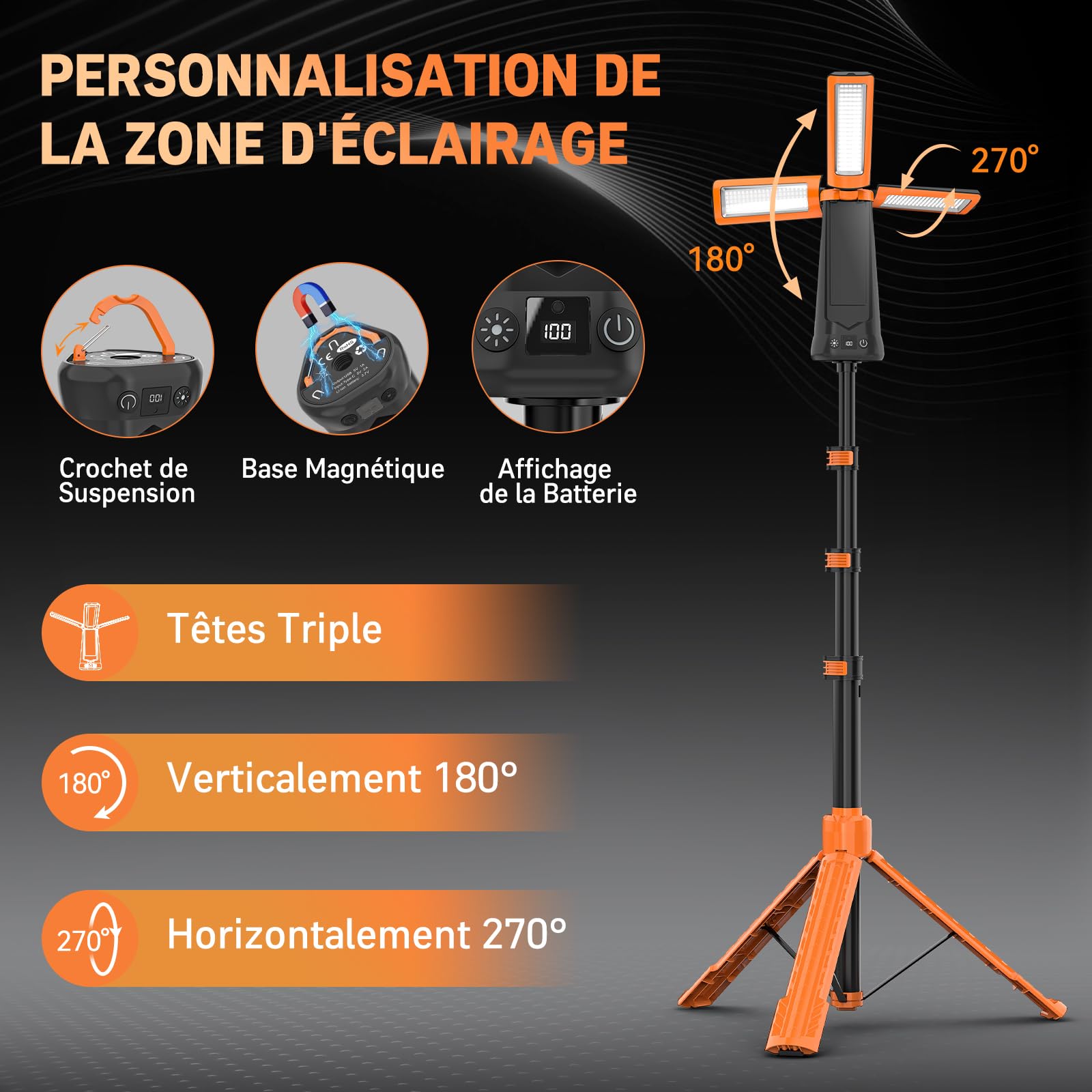 Adewalk 15000mAh Projecteur de Chantier LED Rechargeable avec Trépied, 5500LM Lampe de Camping à 3 Têtes, Étanche IP65, 5 Mode, Lampe de Travail Réglable pour Atelier, Garage, Construction(Orange)