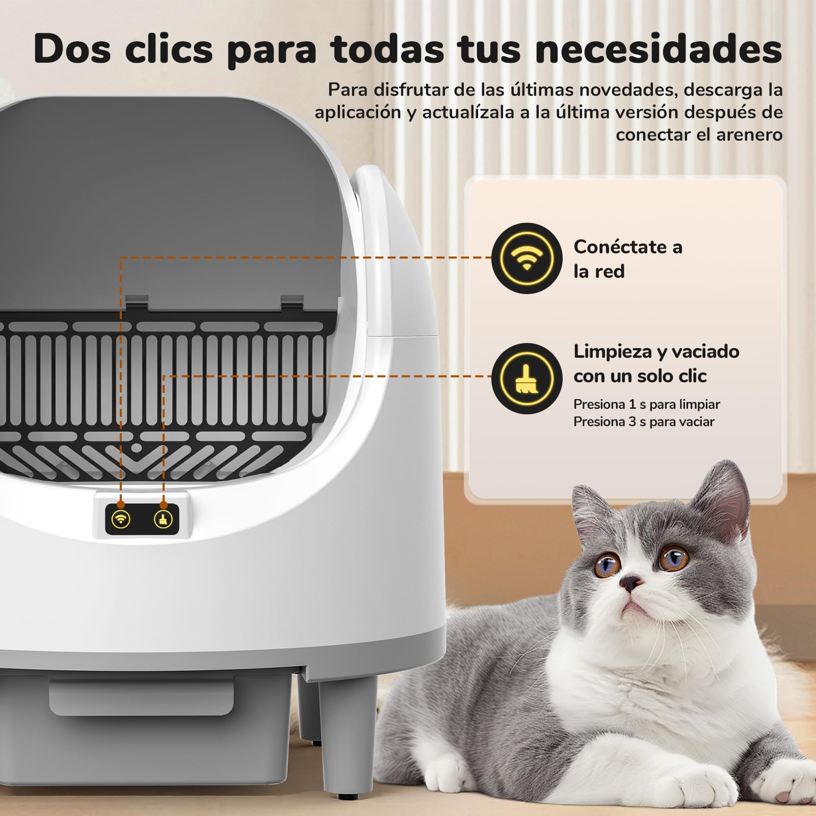 Arenero Gatos Autolimpiable, 65L Grande, Arenero Autolimpiable para Gatos eléctrica, Caja de Control de Arena extraíble, Control de Olor/aplicación, Entrada Baja, Seguro sin olores, para Varios Gatos