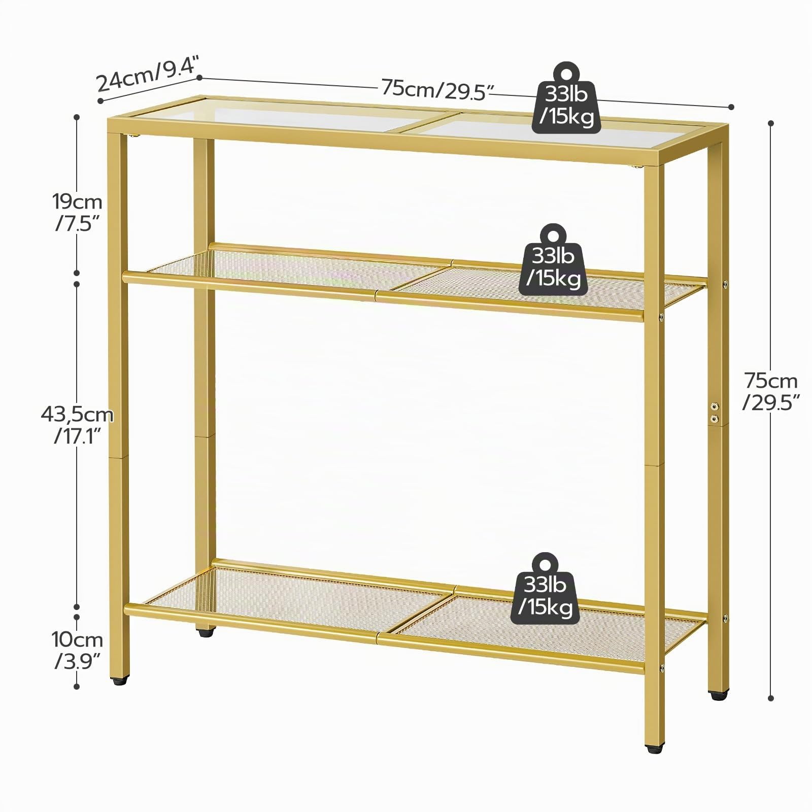 HOOBRO Table Console en Verre, 75 cm Table d'Entrée avec Trois Étagères, Bout de Canapé en Verre Trempé, Robuste, Montage Facile, pour Salon, Entrée, Couloir, Doré et Transparent EGD21XG01G1