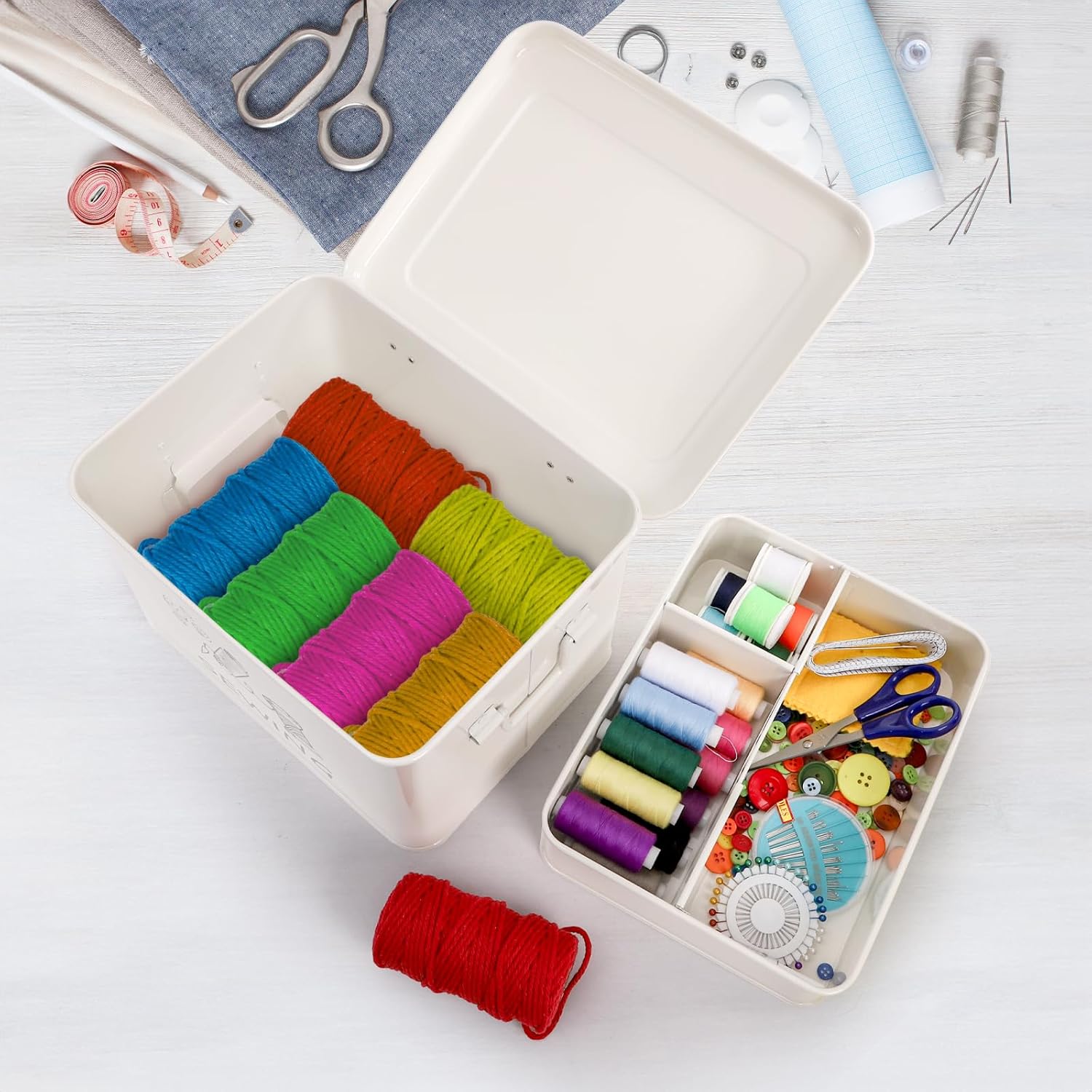 ZOOFOX Sewing Box with Removable Tray, Metal Sewing Box Organizer with Side Handles, Large White Farmhouse Sewing Basket for Sewing Supplies, Beads and Jewelry Making, Christmas Gifts