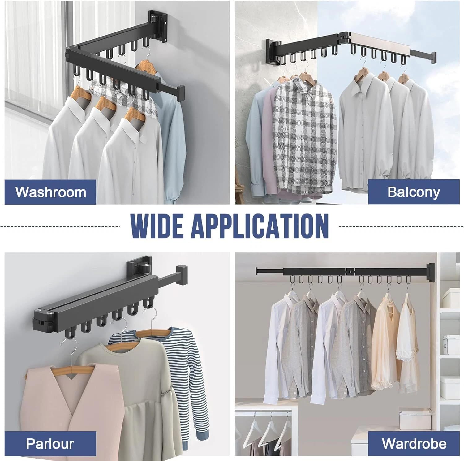 LiveGo Retractable Wall Mounted Clothes Drying Rack - Foldable Garment Organizer, Heavy Duty 200lb Capacity, 60cm Black (Two-fold)